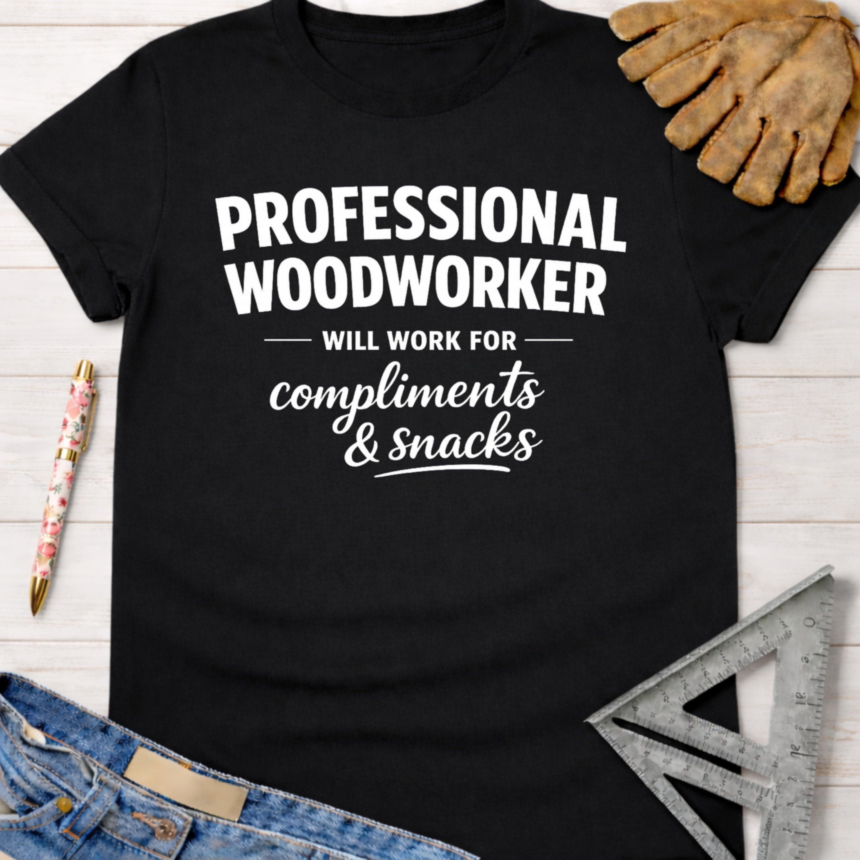 Women's funny woodworking graphic tee shirt for female woodworkers, makers, and DIY builders — Sawdust & Ponytails. Black cotton tee with "Professional Woodworker Will Work For Compliments & Snacks" in white text.