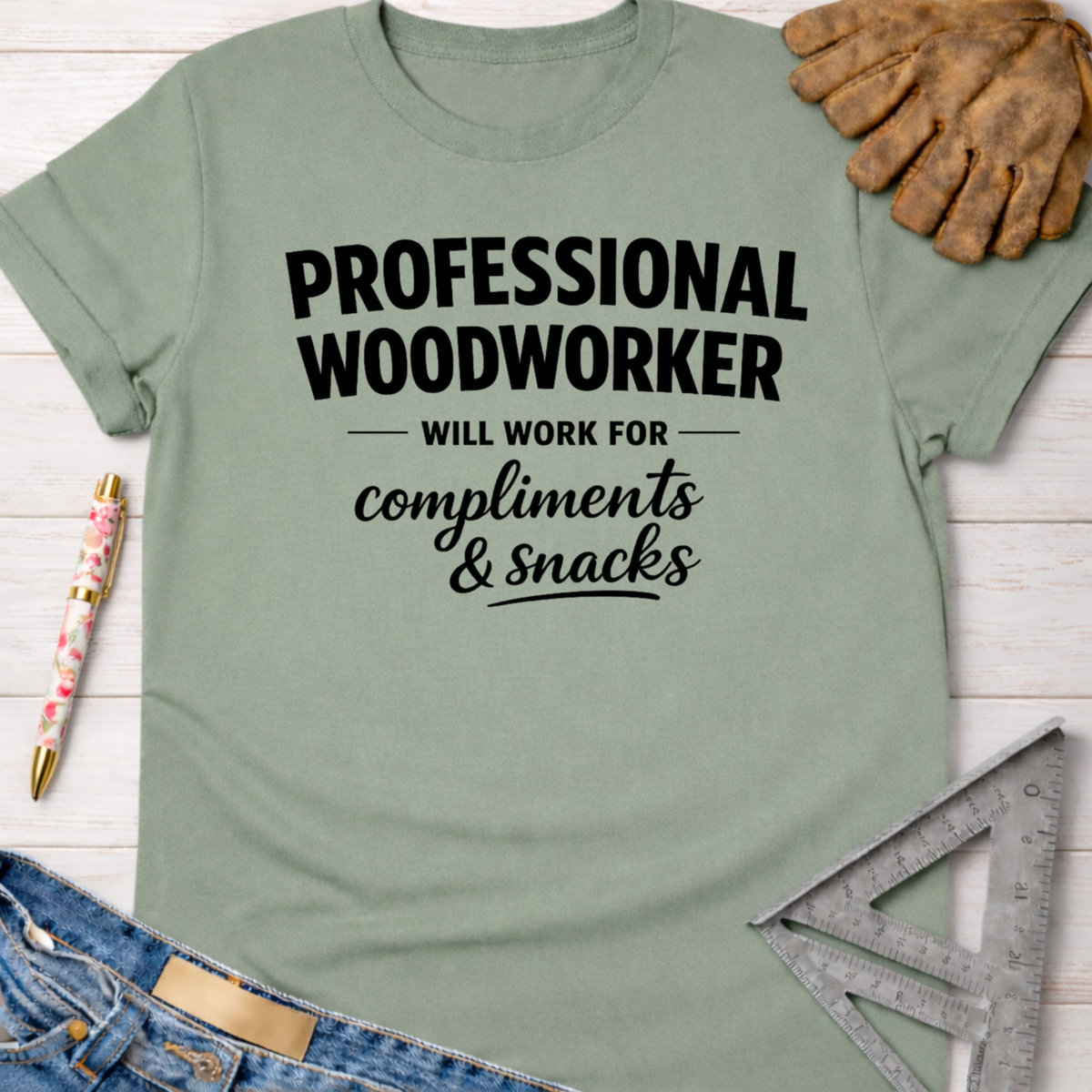 Women's funny woodworking graphic tee shirt for female woodworkers, makers, and DIY builders — Sawdust & Ponytails. Sage green cotton tee with "Professional Woodworker Will Work For Compliments & Snacks" in black text.