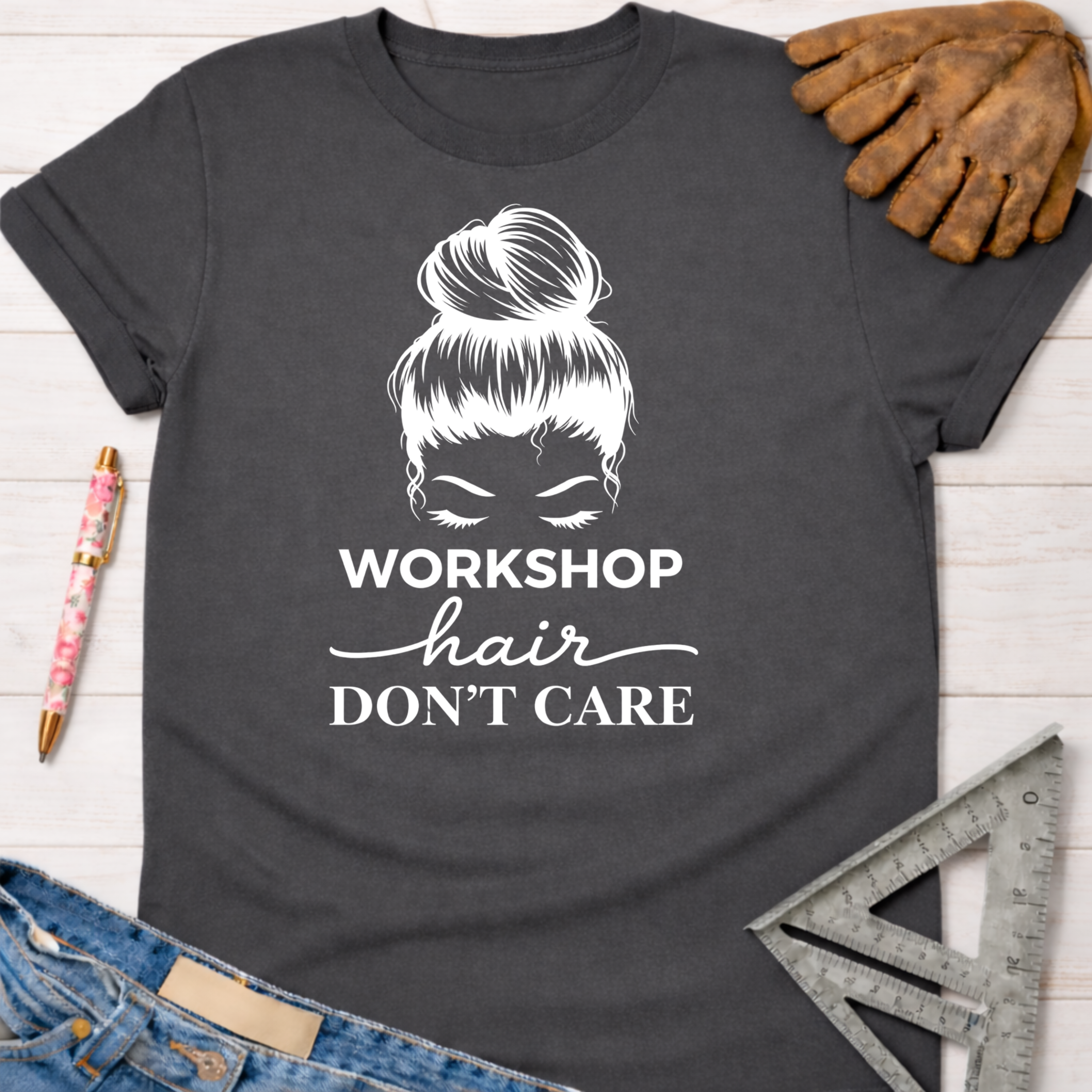 Women's funny woodworking graphic tee shirt for female woodworkers, makers, and DIY builders — Sawdust & Ponytails