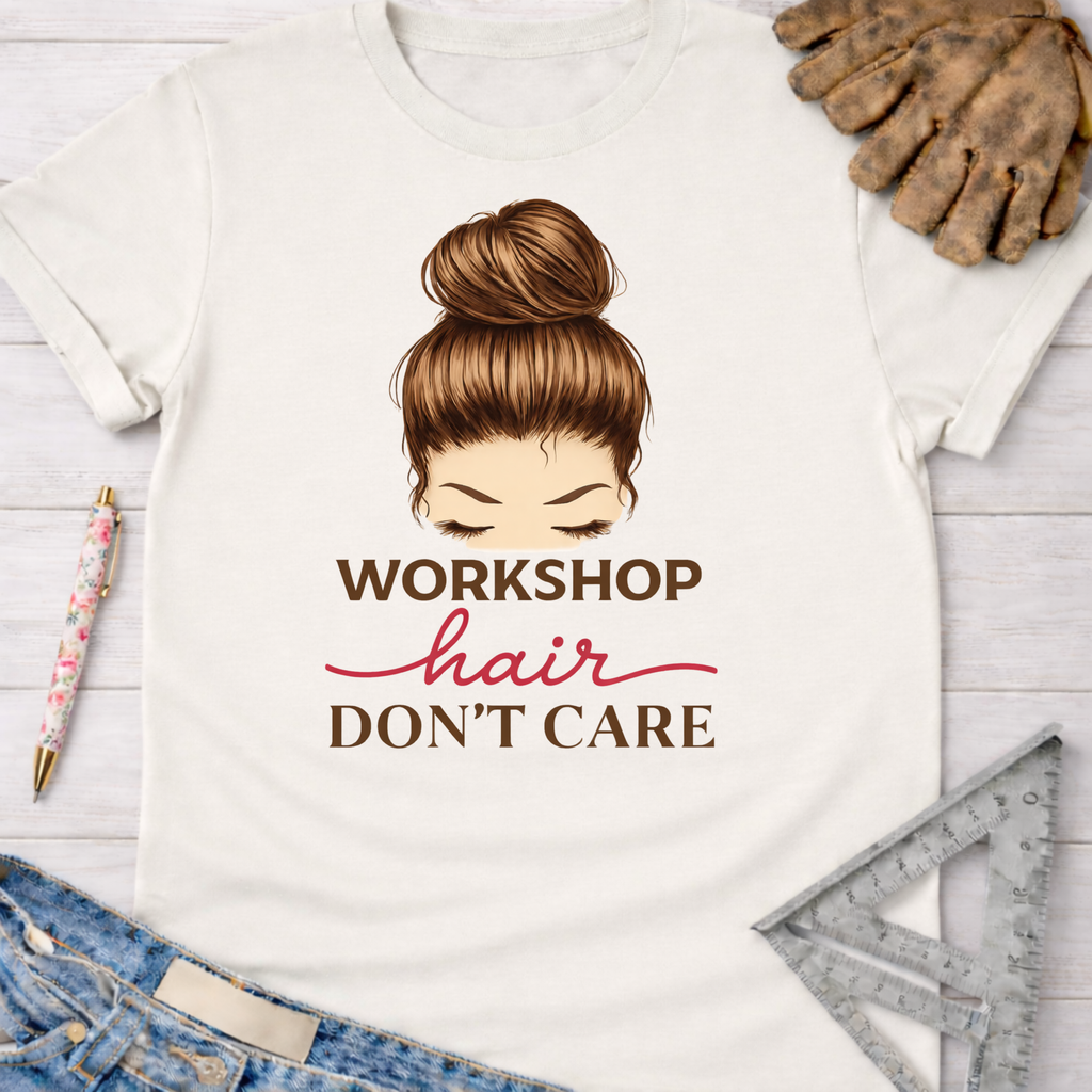 Women's funny woodworking graphic tee shirt for female woodworkers, makers, and DIY builders — Sawdust & Ponytails. White cotton tee with a messy bun graphic and "Workshop Hair Don't Care" text.