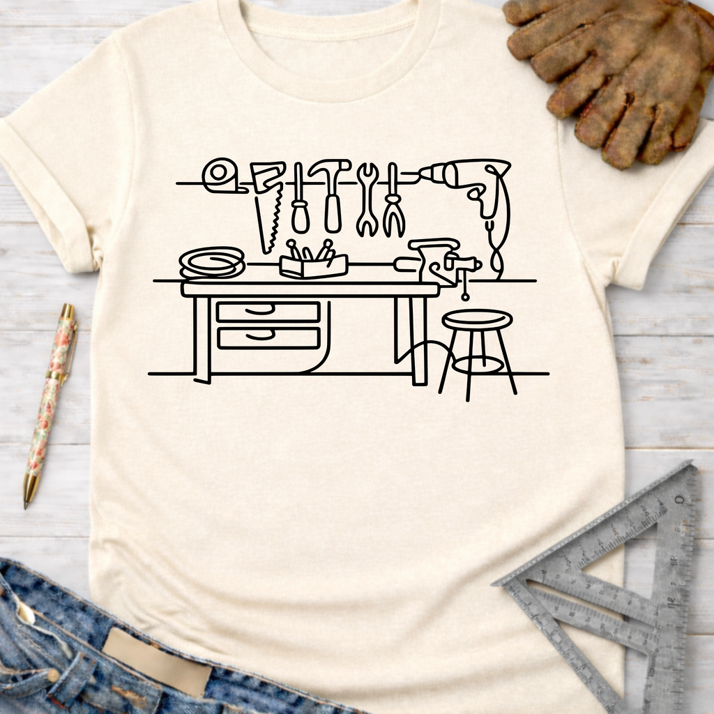 Women's funny woodworking graphic tee shirt for female woodworkers, makers, and DIY builders — Sawdust & Ponytails. Cream heather t-shirt with black line art workshop tools design.