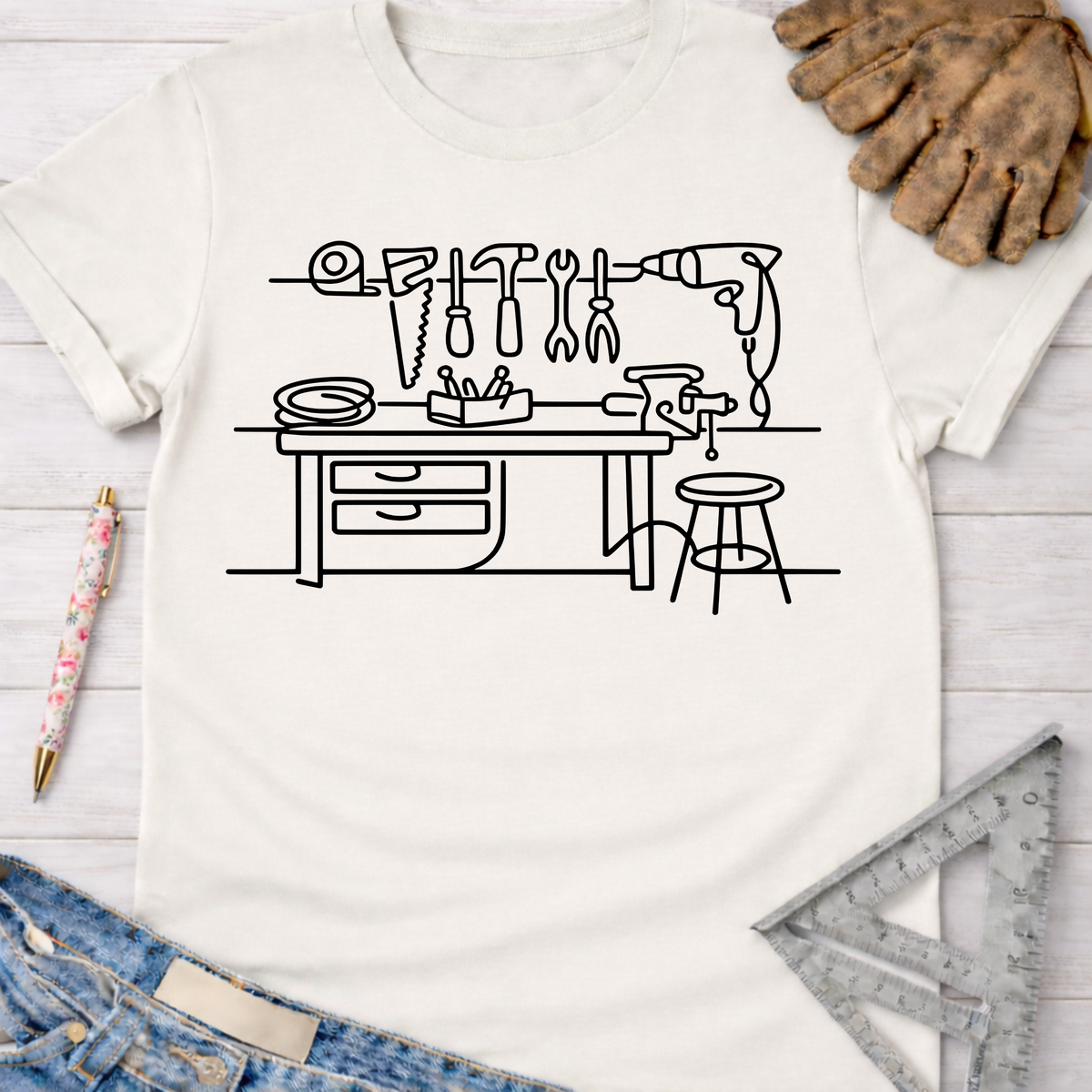 Women's funny woodworking graphic tee shirt for female woodworkers, makers, and DIY builders — Sawdust & Ponytails. Cream cotton tee with black line art workshop tools design.