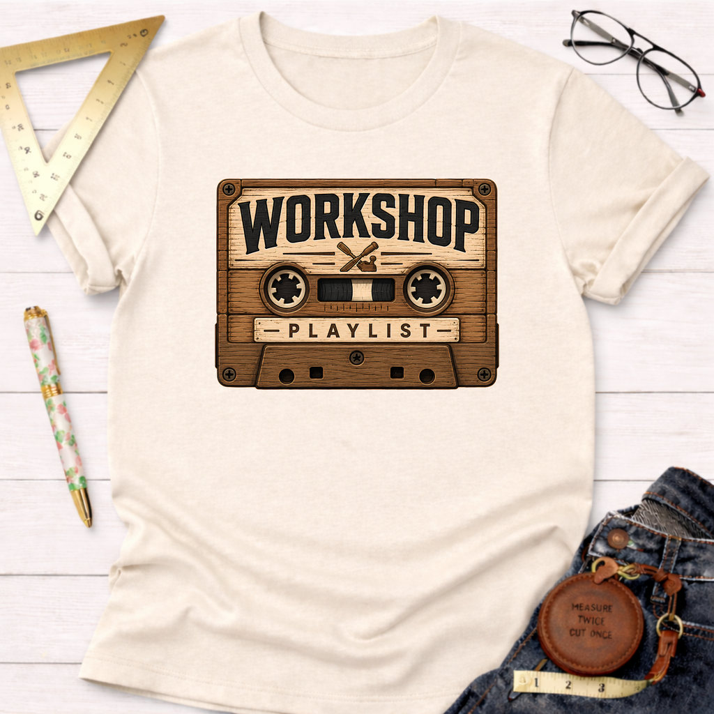 Cream t-shirt with a vintage wooden cassette tape graphic featuring "WORKSHOP PLAYLIST" text.