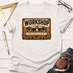 White cotton t-shirt with a vintage wooden cassette tape graphic featuring "WORKSHOP PLAYLIST" text.