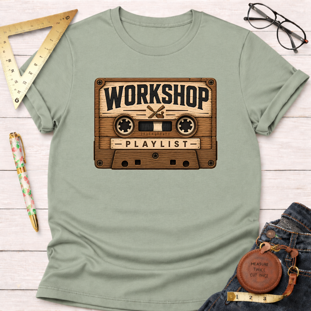 Sage green cotton t-shirt with a vintage wooden cassette tape graphic featuring "WORKSHOP PLAYLIST" text.
