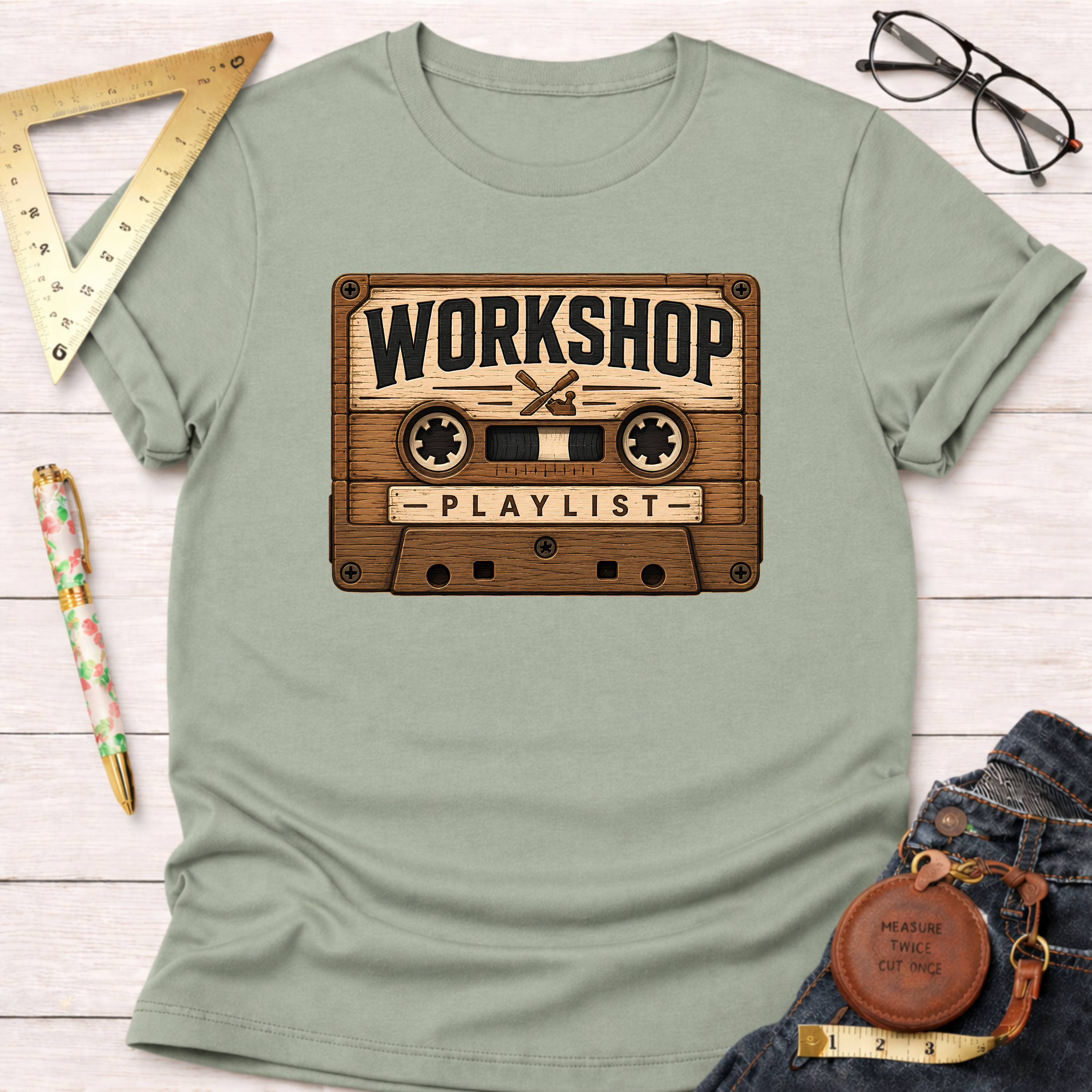 Sage green cotton t-shirt with a vintage wooden cassette tape graphic featuring "WORKSHOP PLAYLIST" text.