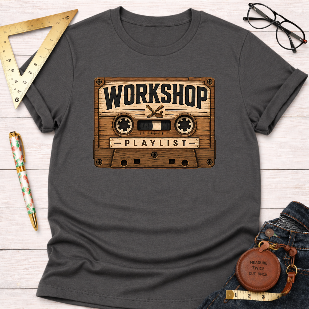 Charcoal grey t-shirt with a vintage wooden cassette tape graphic that reads "Workshop Playlist.