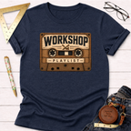 Navy blue Workshop Playlist T-shirt with a vintage wooden cassette tape graphic.
