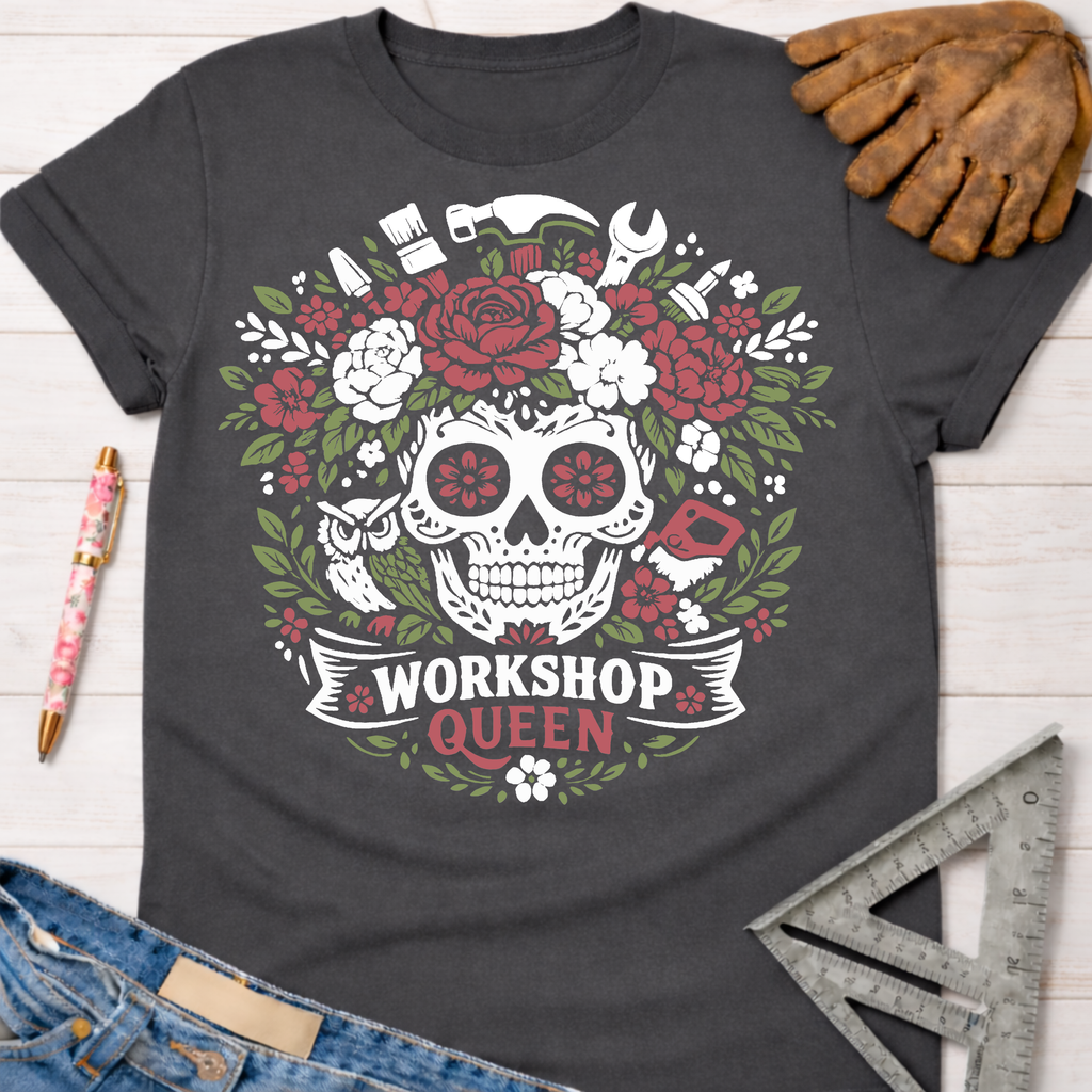 Charcoal gray tee with floral skull, tools, "Workshop Queen" text. Women's funny woodworking graphic tee shirt for female woodworkers, makers, and DIY builders — Sawdust & Ponytails