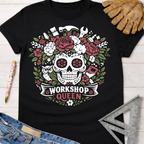Black cotton t-shirt with a floral skull, tools, and "Workshop Queen" graphic. Women's funny woodworking graphic tee shirt for female woodworkers, makers, and DIY builders — Sawdust & Ponytails