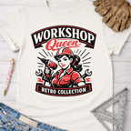 White cotton "Workshop Queen Retro Collection" tee with a female builder holding a drill. Women's funny woodworking graphic tee shirt for female woodworkers, makers, and DIY builders — Sawdust & Ponytails