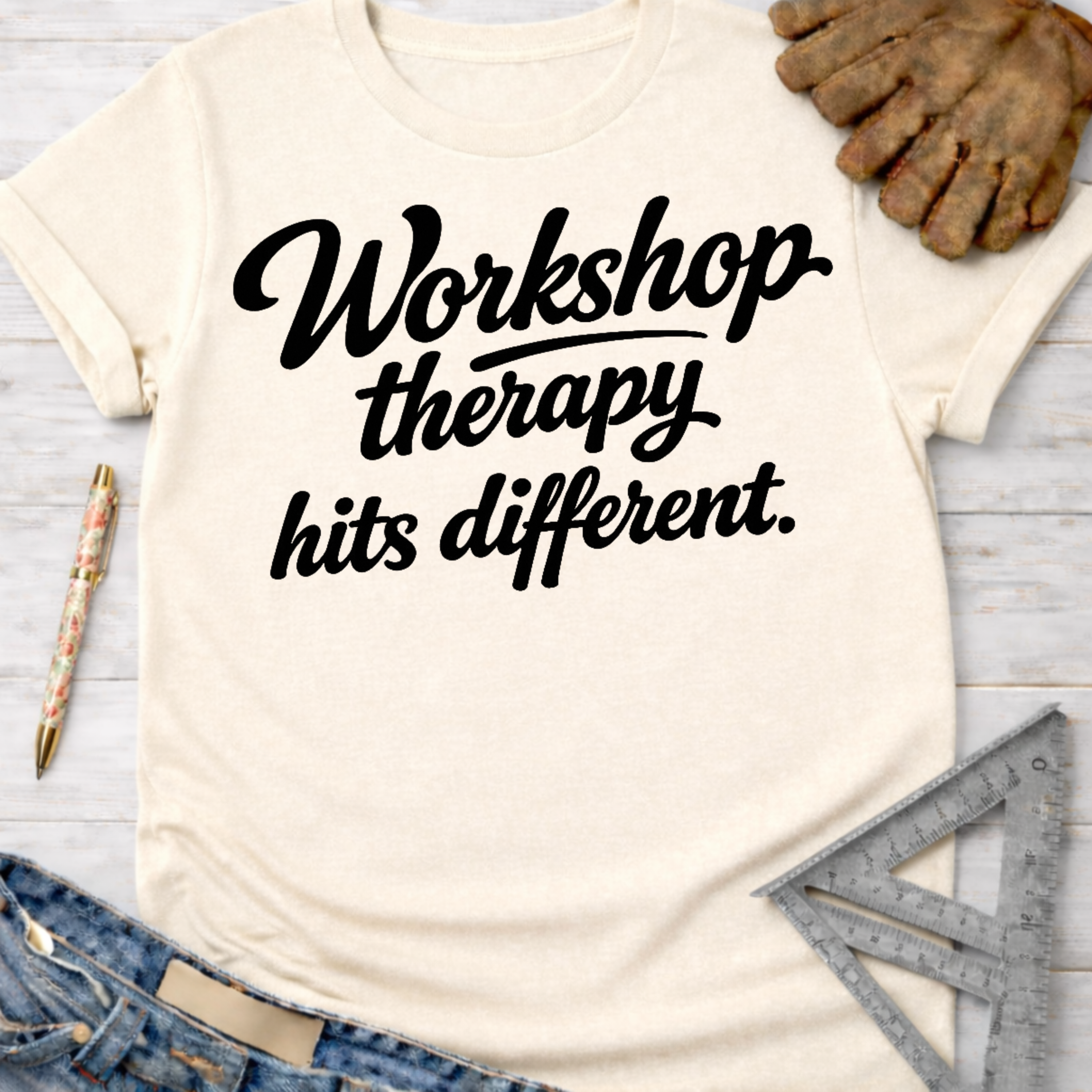 Women's funny woodworking graphic tee shirt for female woodworkers, makers, and DIY builders — Sawdust & Ponytails. Cream t-shirt with "Workshop therapy hits different" in black script.