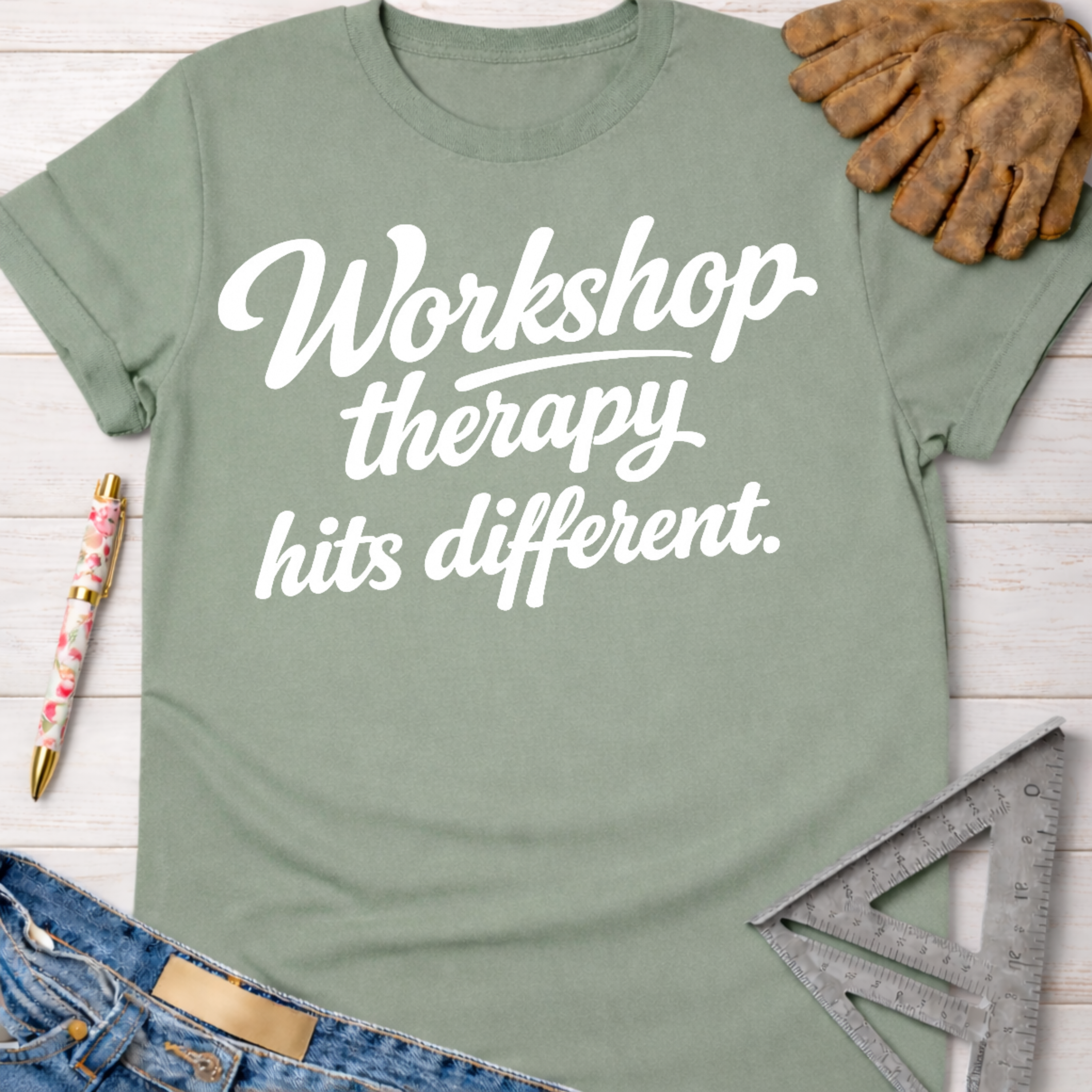 Women's funny woodworking graphic tee shirt for female woodworkers, makers, and DIY builders — Sawdust & Ponytails. Sage green cotton tee with "Workshop therapy hits different" in white script.