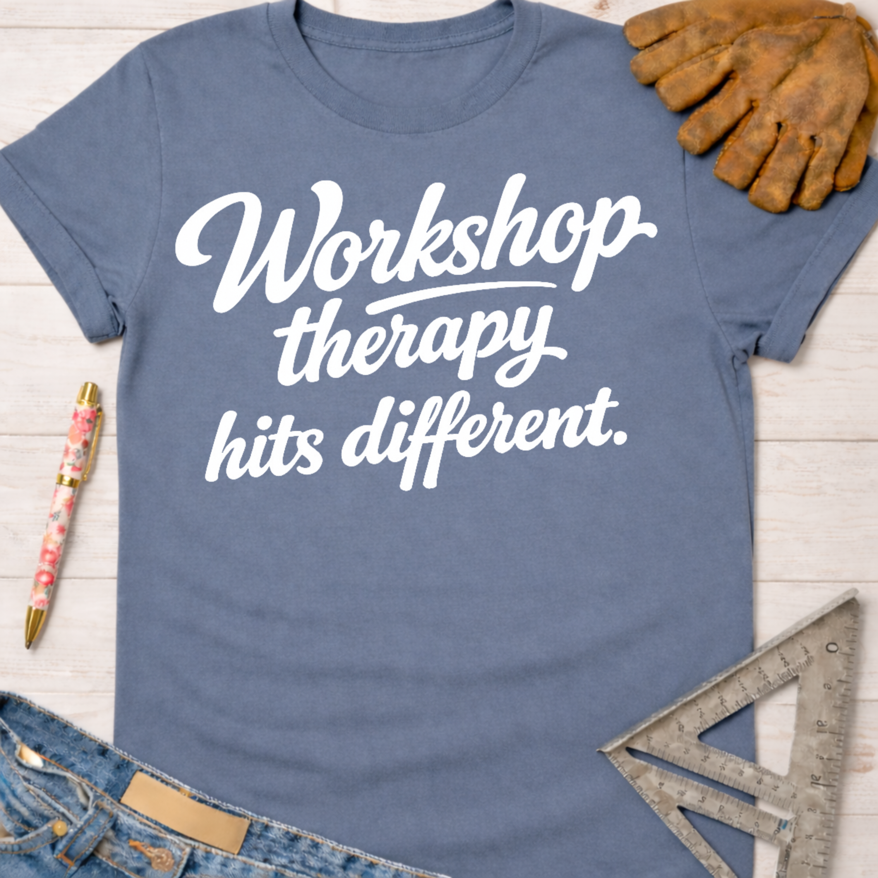 Women's funny woodworking graphic tee shirt for female woodworkers, makers, and DIY builders — Sawdust & Ponytails. Blue cotton tee with "Workshop therapy hits different" in white script.