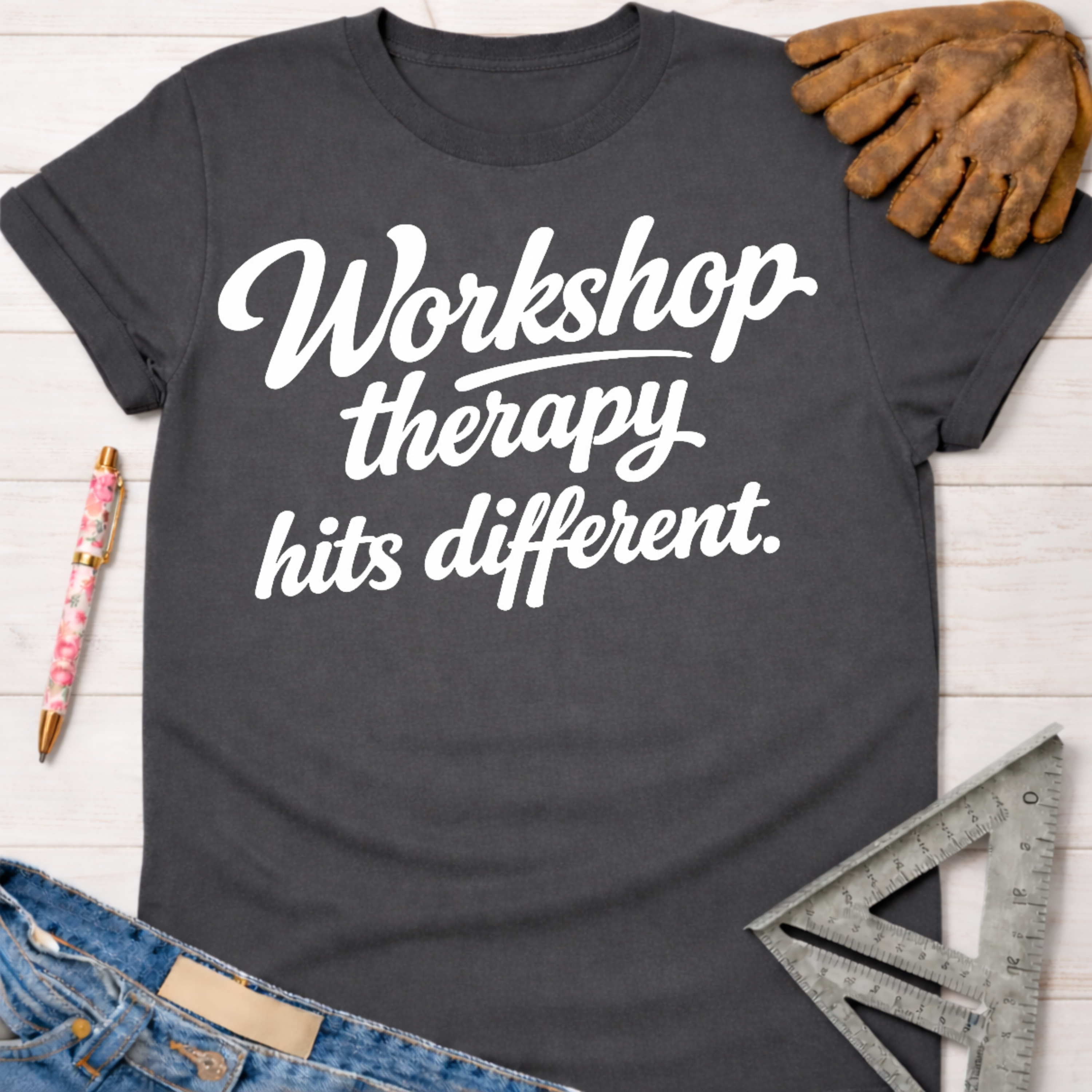 Women's funny woodworking graphic tee shirt for female woodworkers, makers, and DIY builders — Sawdust & Ponytails. Dark gray t-shirt with "Workshop therapy hits different" in white script.