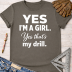 Charcoal gray "Yes I'm a Girl. Yes That's My Drill." tee for female woodworkers, makers, and DIY builders — Sawdust & Ponytails.