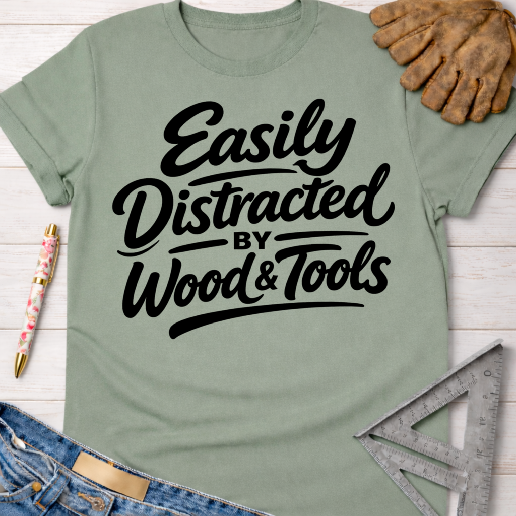 Women's funny woodworking graphic tee shirt for female woodworkers, makers, and DIY builders — Sawdust & Ponytails. Sage green short-sleeve t-shirt with "Easily Distracted by Wood & Tools" in black script, next to jeans, a pen, work glove, and ruler.