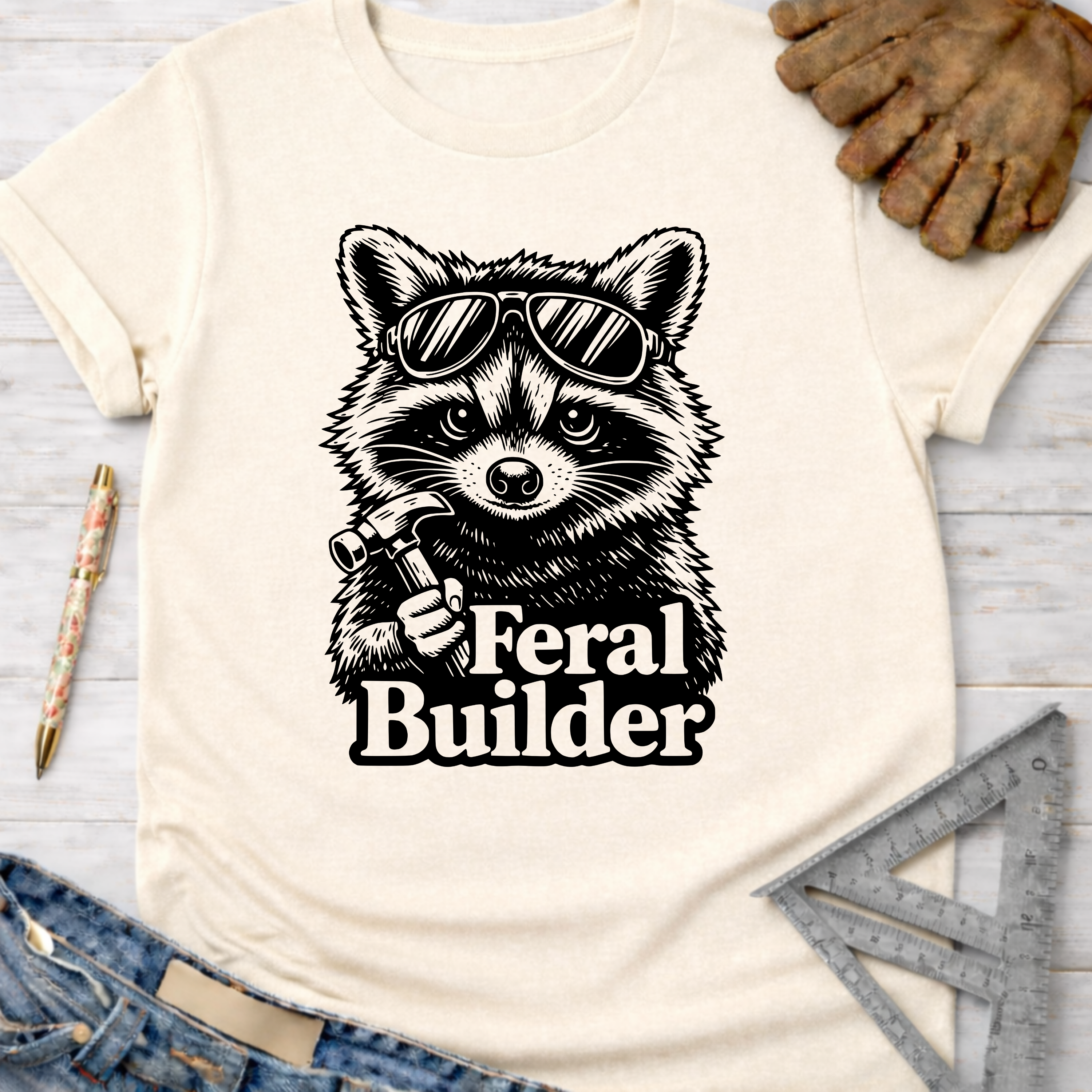 Women's funny woodworking graphic tee shirt for female woodworkers, makers, and DIY builders — Sawdust & Ponytails. Cream t-shirt with a black graphic of a raccoon in sunglasses holding a hammer, text "Feral Builder".