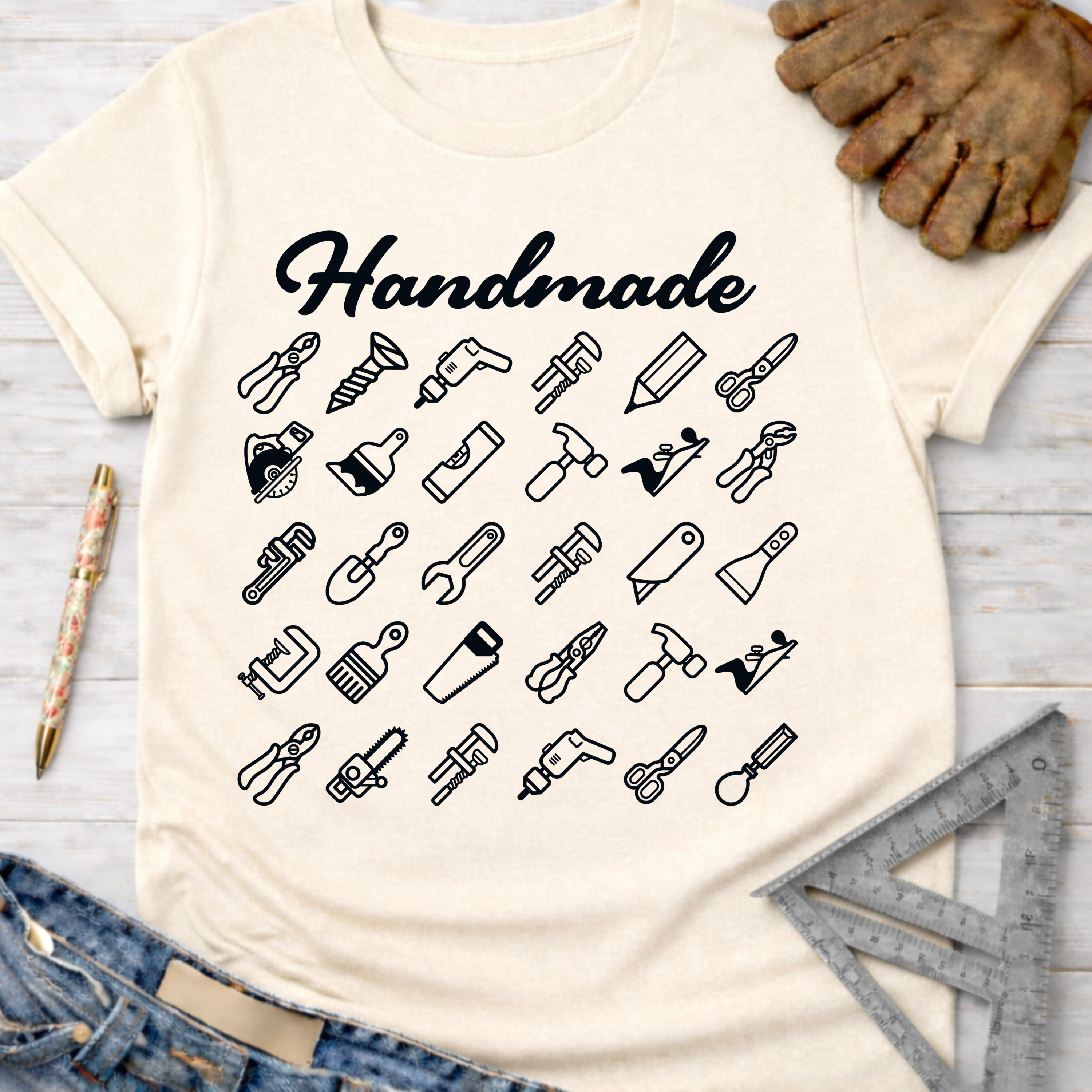 Women's funny woodworking graphic tee shirt for female woodworkers, makers, and DIY builders — Sawdust & Ponytails. Cream t-shirt with "Handmade" and black tool icons.
