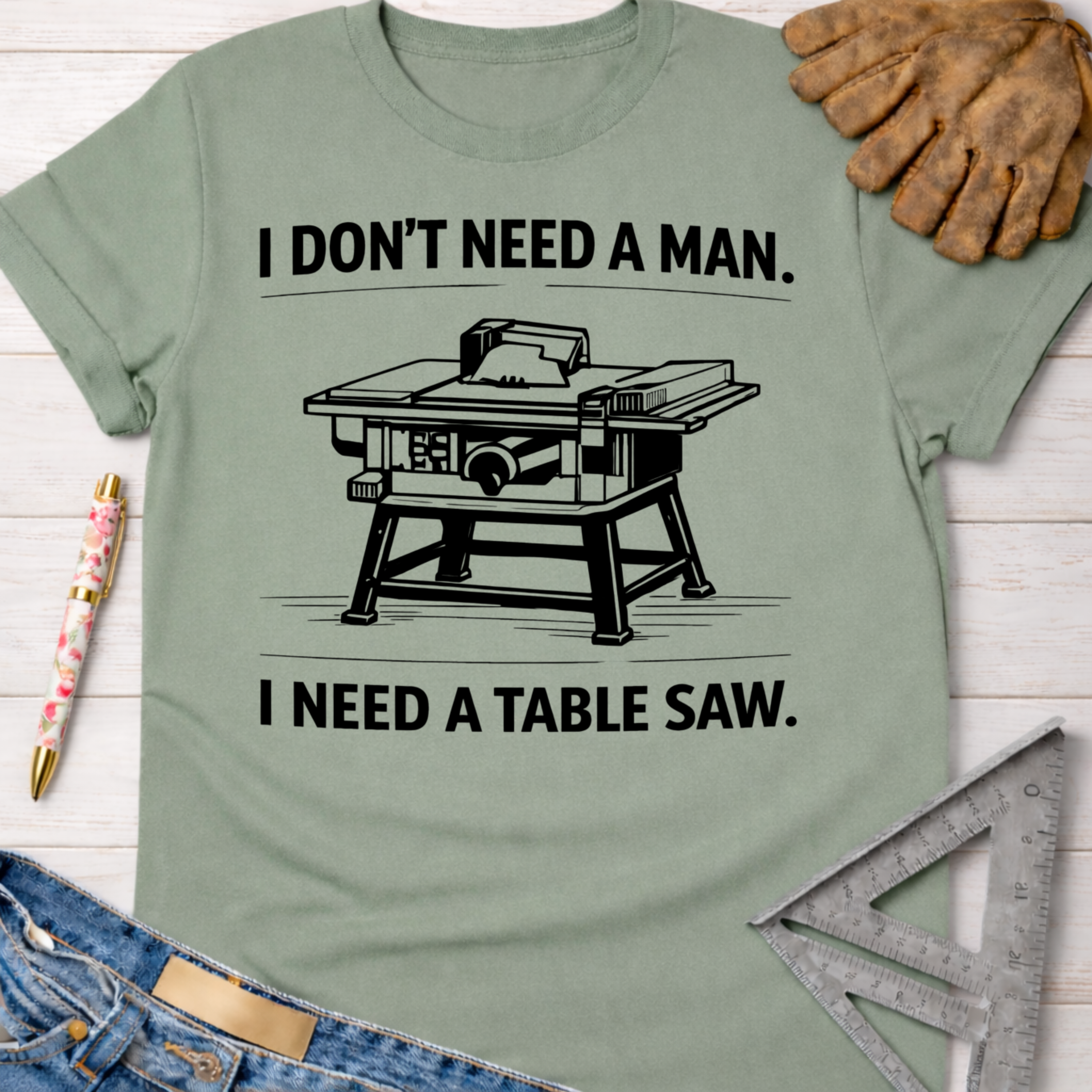 Women's funny woodworking graphic tee shirt for female woodworkers, makers, and DIY builders — Sawdust & Ponytails. Sage green cotton t-shirt with "I DON'T NEED A MAN. I NEED A TABLE SAW." text and table saw graphic.