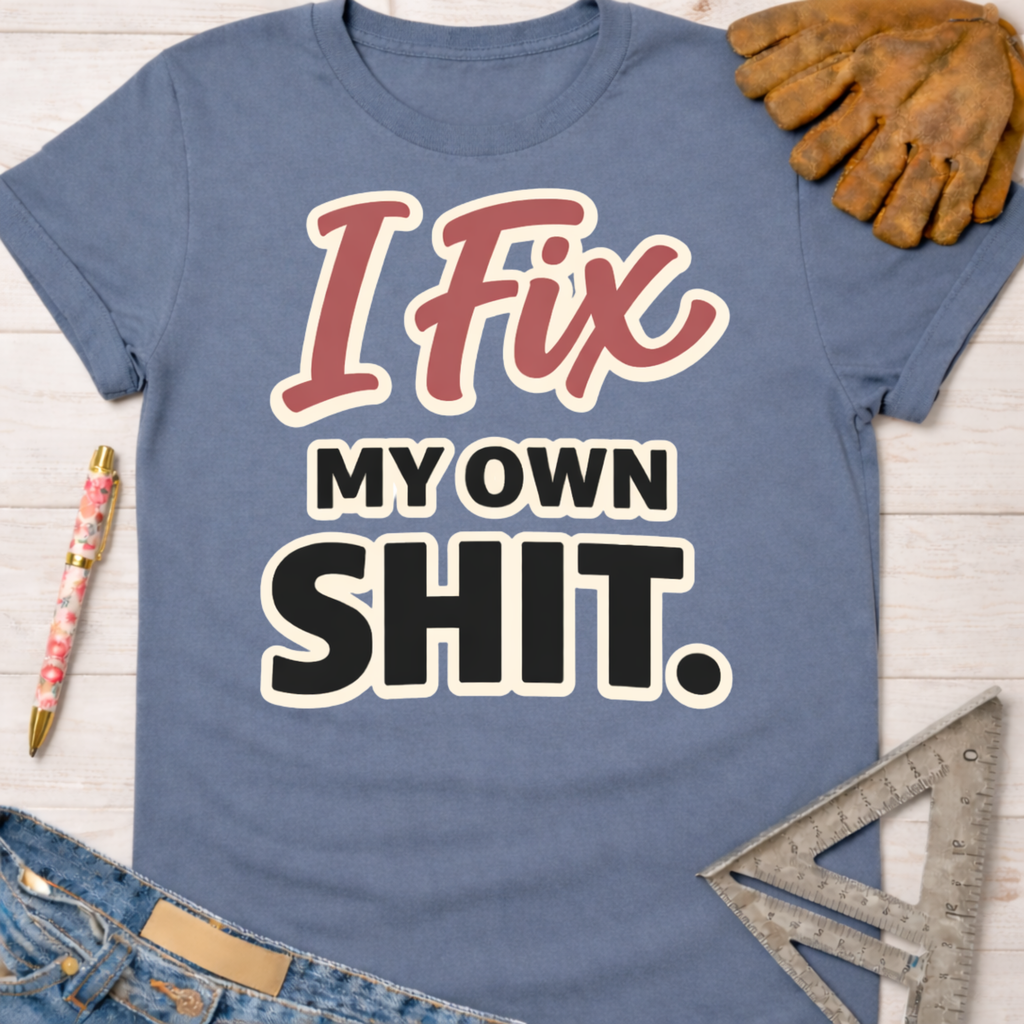 Women's funny woodworking graphic tee shirt for female woodworkers, makers, and DIY builders — Sawdust & Ponytails. Blue cotton t-shirt with "I Fix My Own Shit" text.