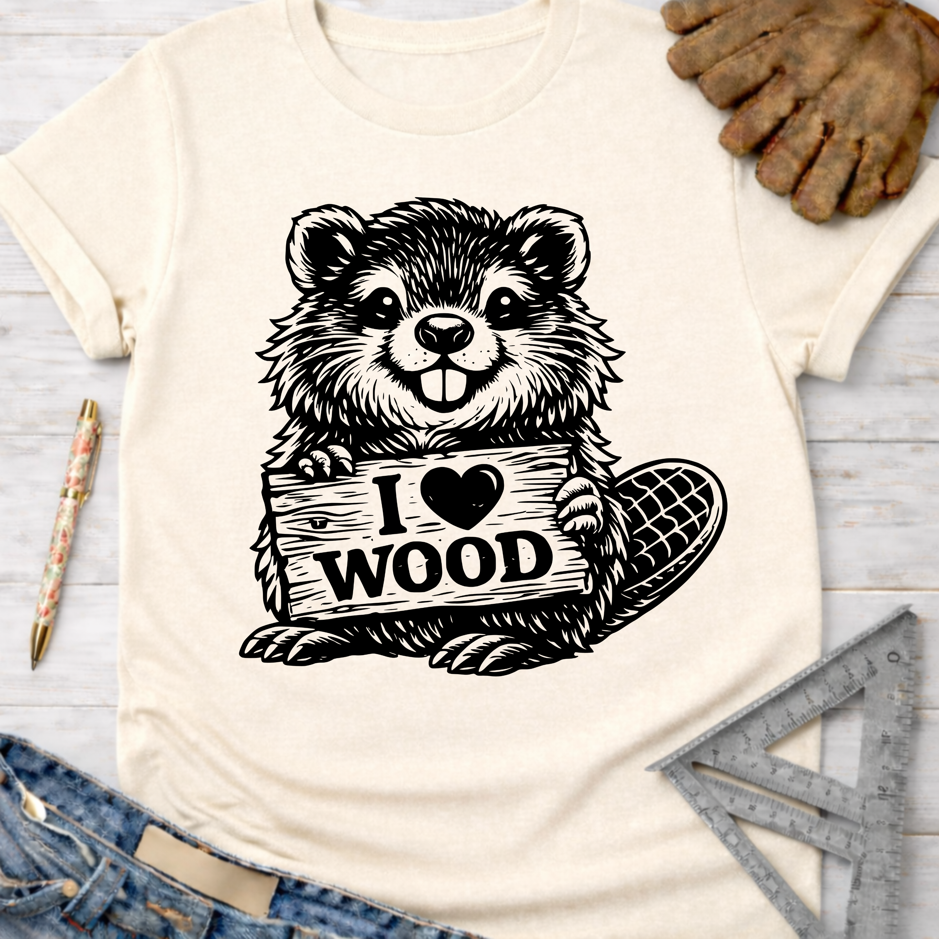 Cream "I Love Wood" beaver graphic tee for women, perfect for woodworkers and DIY builders. Sawdust & Ponytails.