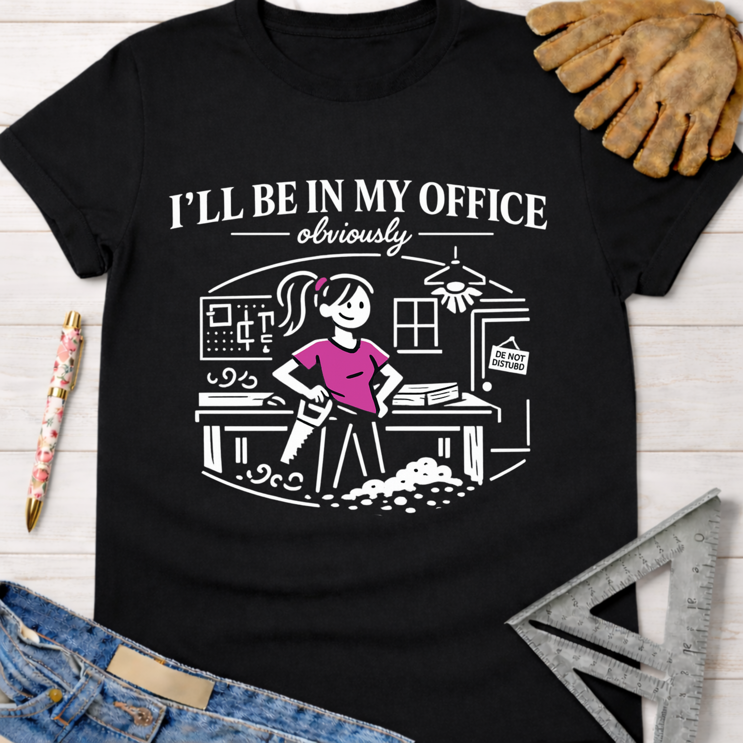 Women's funny woodworking graphic tee shirt for female woodworkers, makers, and DIY builders — Sawdust & Ponytails. Black cotton tee with "I'll Be In My Office" text and a cartoon woman sawing wood.