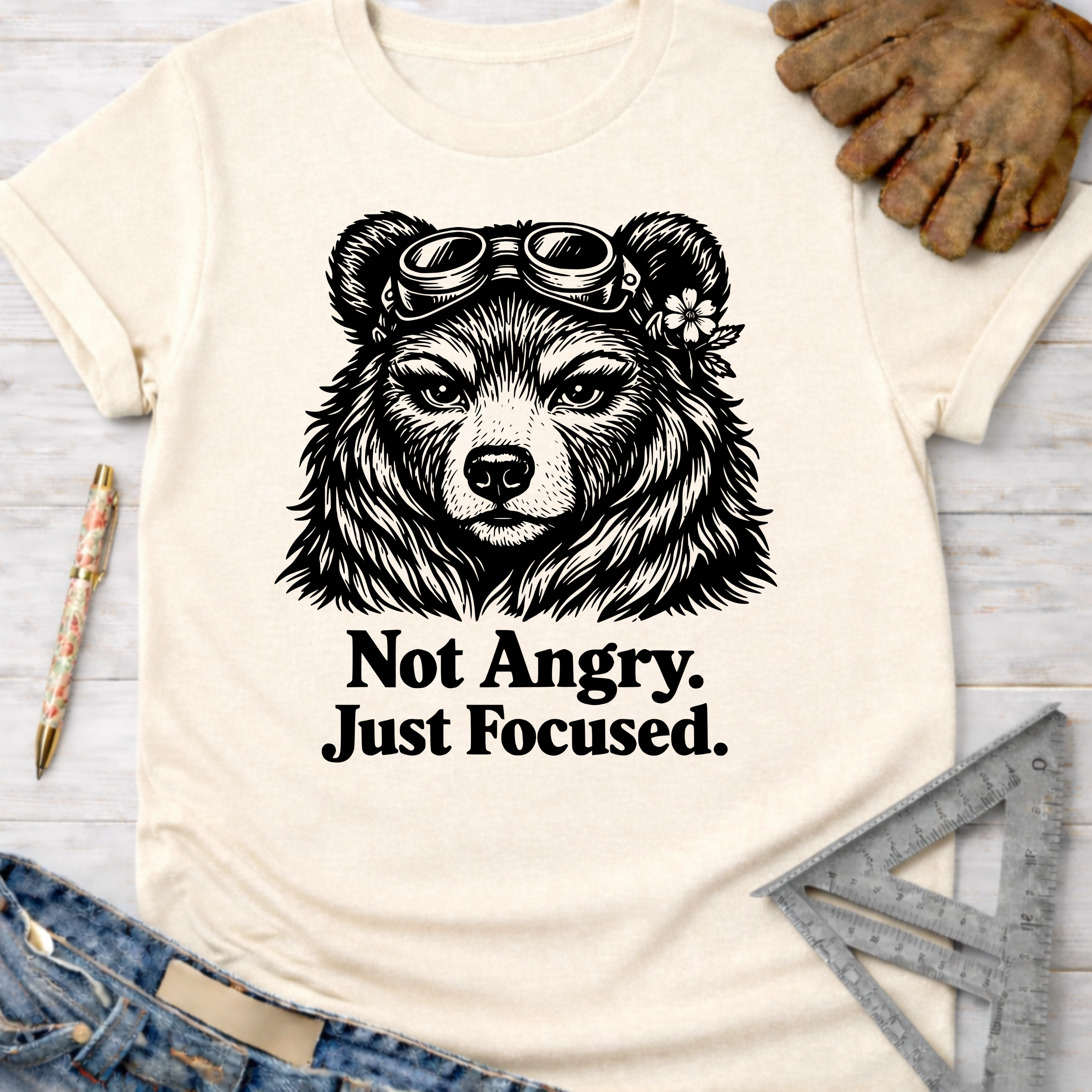 Women's funny woodworking graphic tee shirt for female woodworkers, makers, and DIY builders — Sawdust & Ponytails. Cream t-shirt with a black bear wearing goggles and the text "Not Angry. Just Focused.