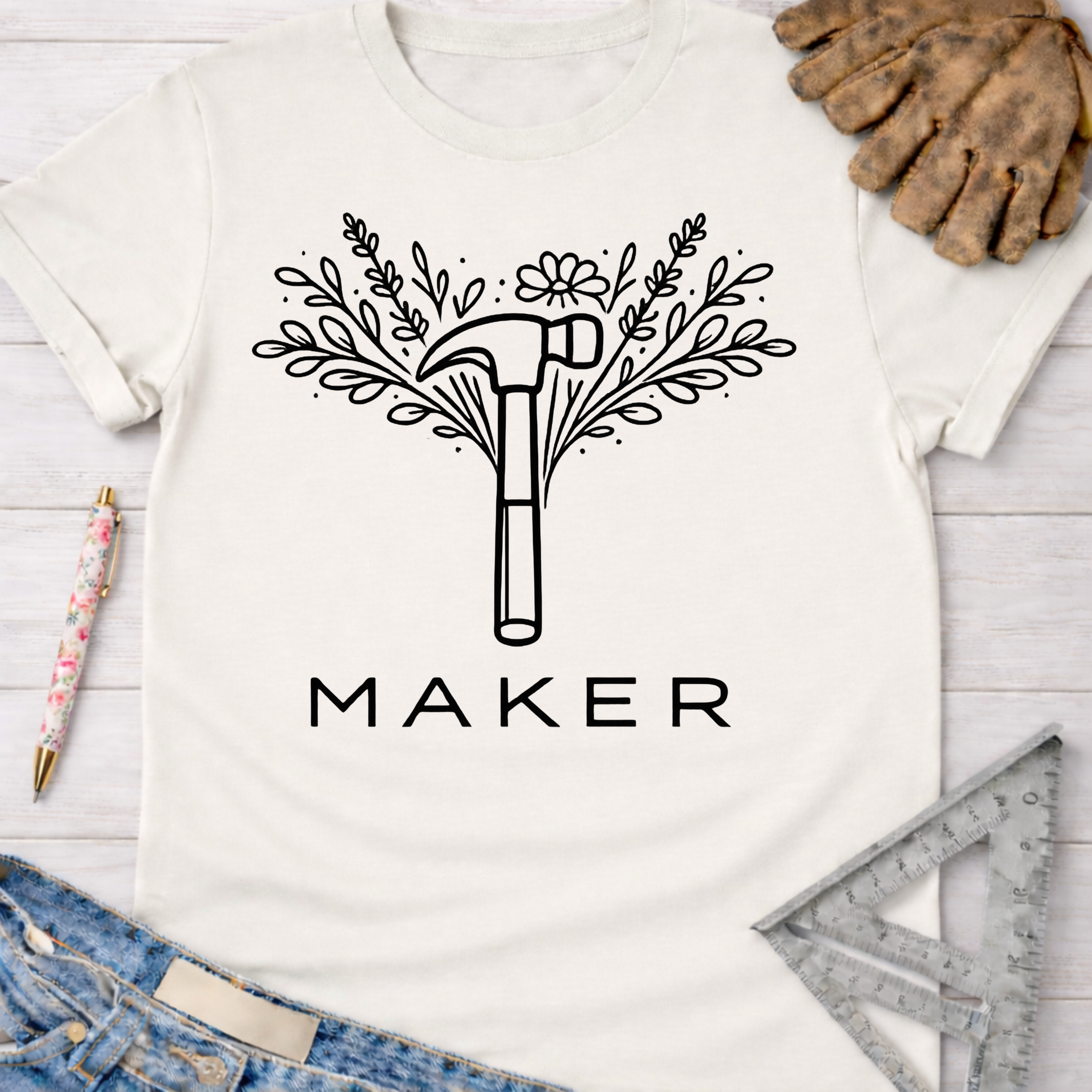Women's funny woodworking graphic tee shirt for female woodworkers, makers, and DIY builders — Sawdust & Ponytails. White cotton tee with a black floral hammer graphic and "MAKER" text.