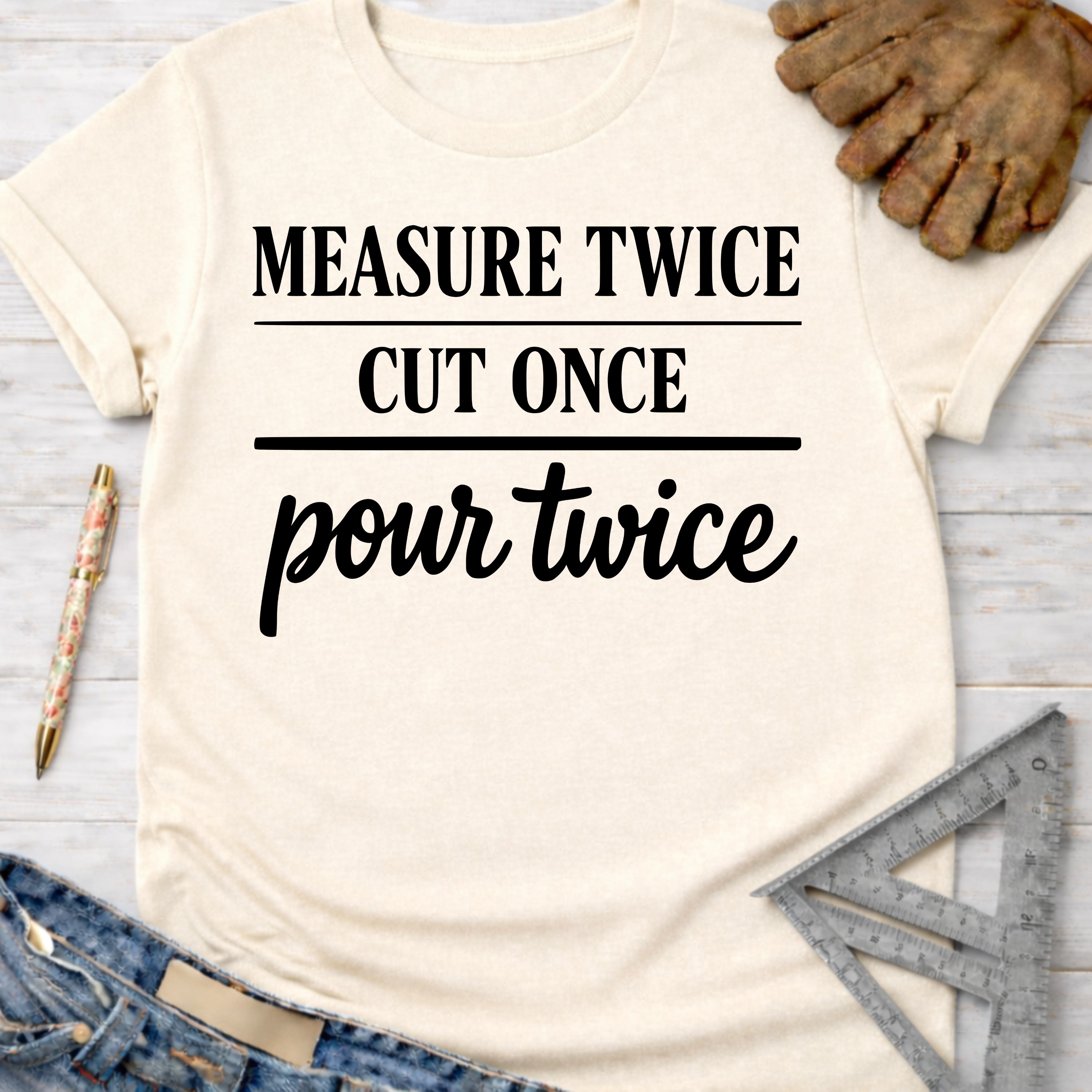 Women's funny woodworking graphic tee shirt for female woodworkers, makers, and DIY builders — Sawdust & Ponytails. Cream t-shirt with "MEASURE TWICE CUT ONCE pour twice" in black text.