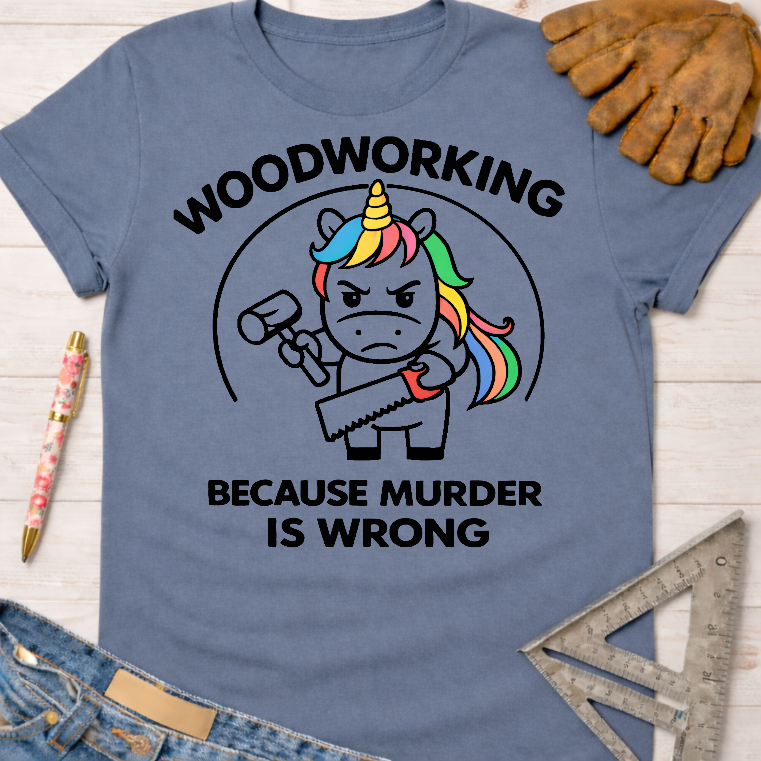 Women's funny woodworking graphic tee shirt for female woodworkers, makers, and DIY builders — Sawdust & Ponytails. Blue cotton tee with a "Murderous Unicorn" holding a hammer and saw, text "WOODWORKING BECAUSE MURDER IS WRONG".