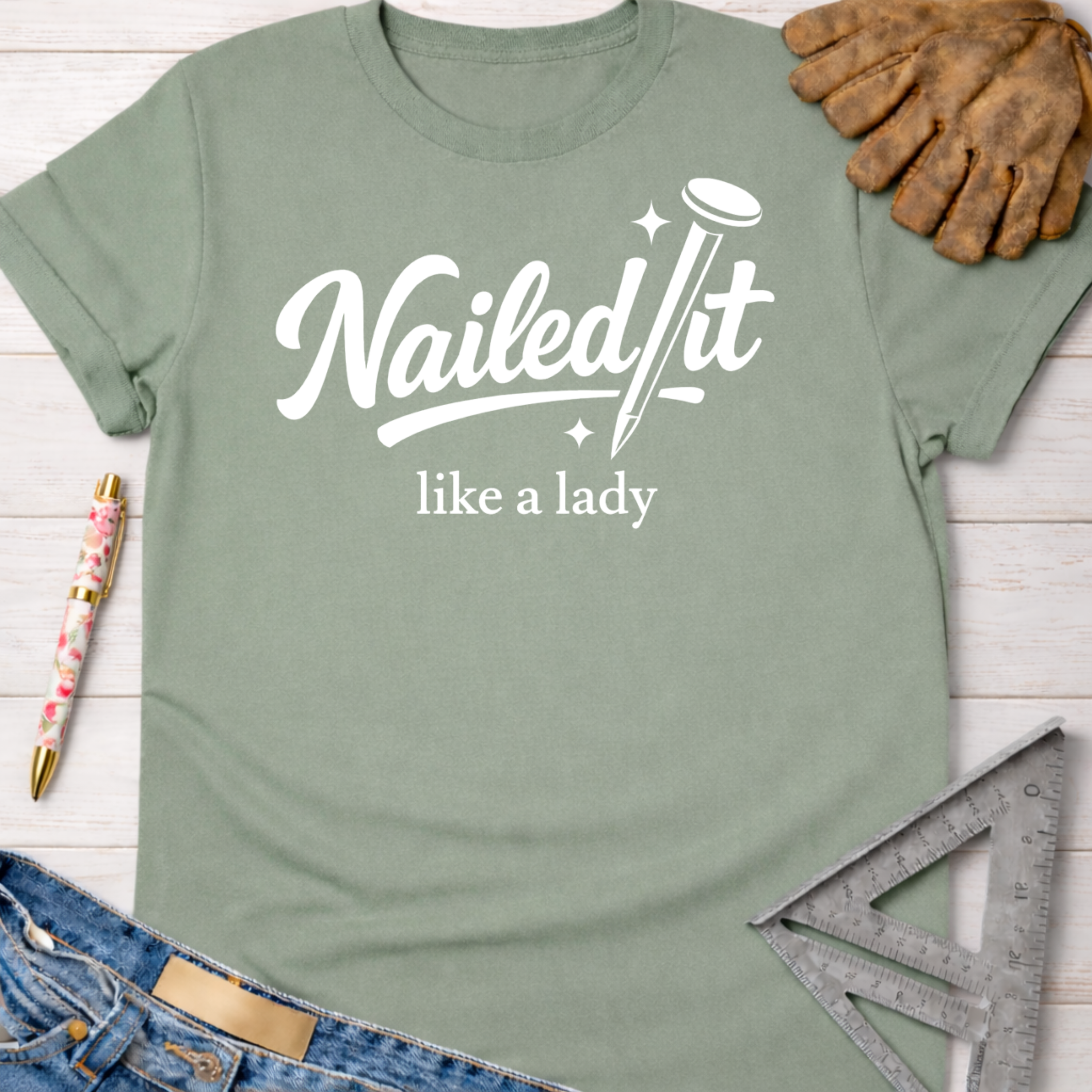 Women's funny woodworking graphic tee shirt for female woodworkers, makers, and DIY builders — Sawdust & Ponytails. Sage green t-shirt with "Nailed it like a lady" in white script.