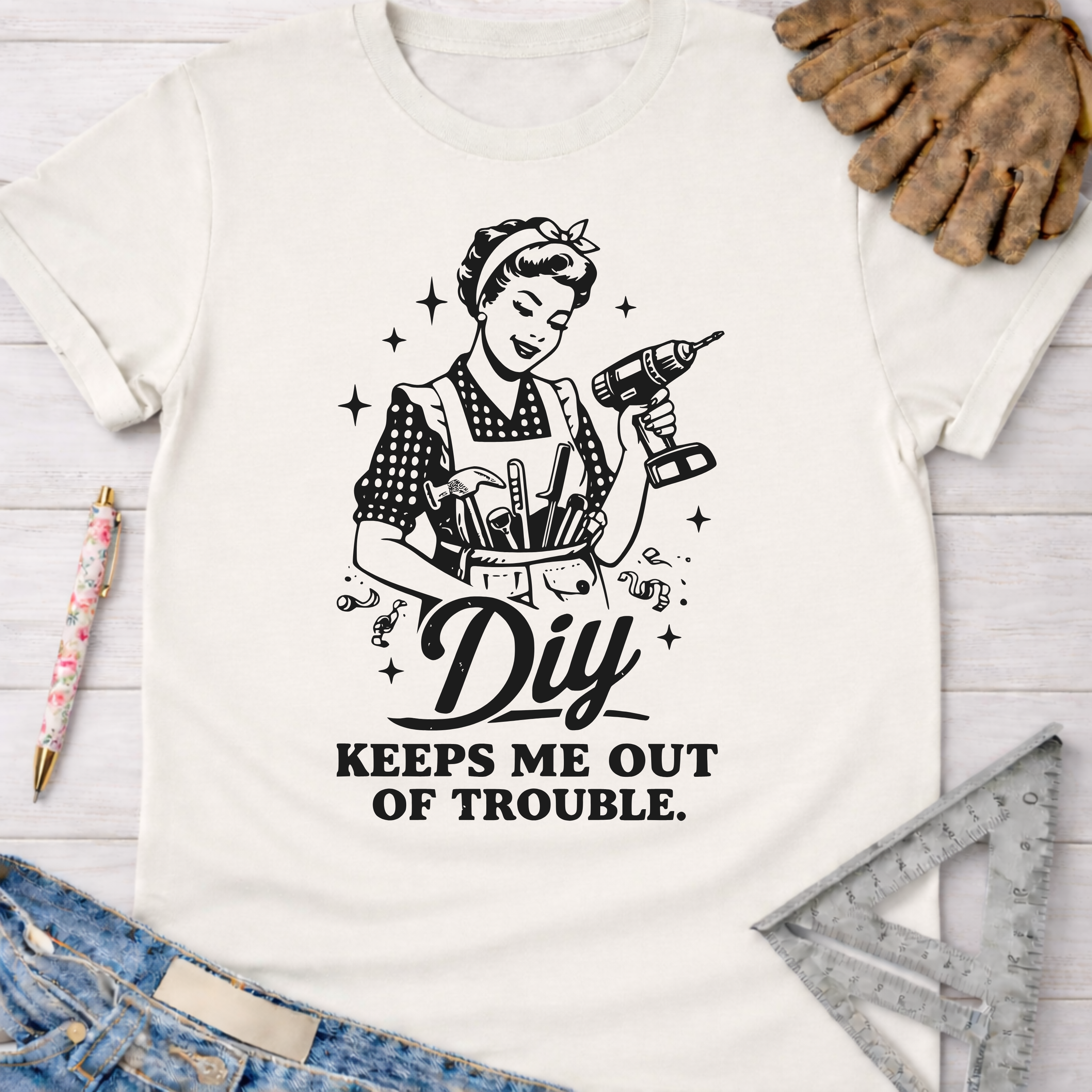 Women's funny woodworking graphic tee shirt for female woodworkers, makers, and DIY builders — Sawdust & Ponytails.