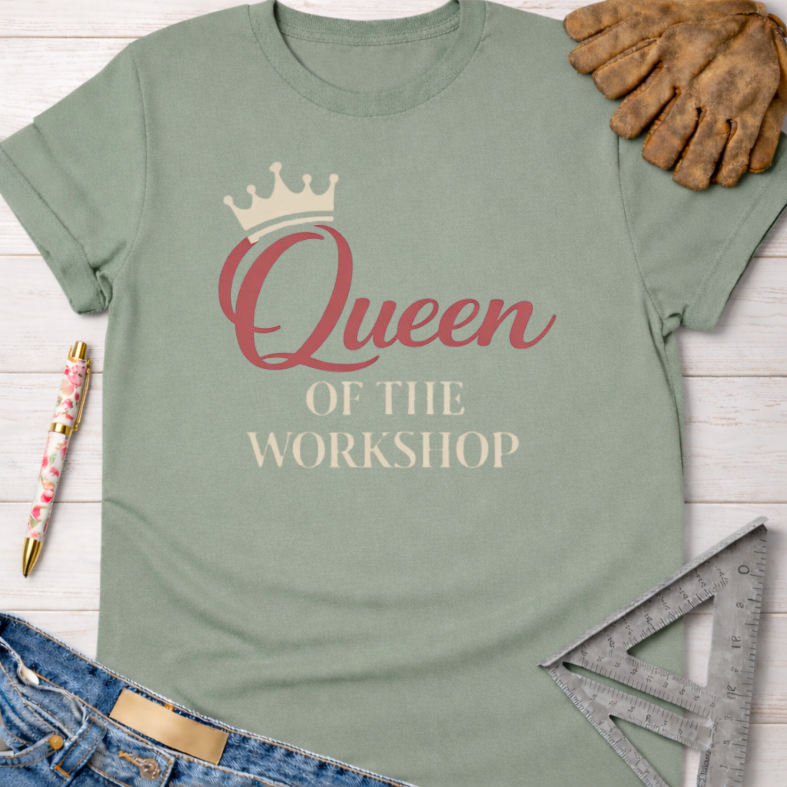 Women's funny woodworking graphic tee shirt for female woodworkers, makers, and DIY builders — Sawdust & Ponytails. Sage green cotton tee with "Queen of The Workshop" graphic.