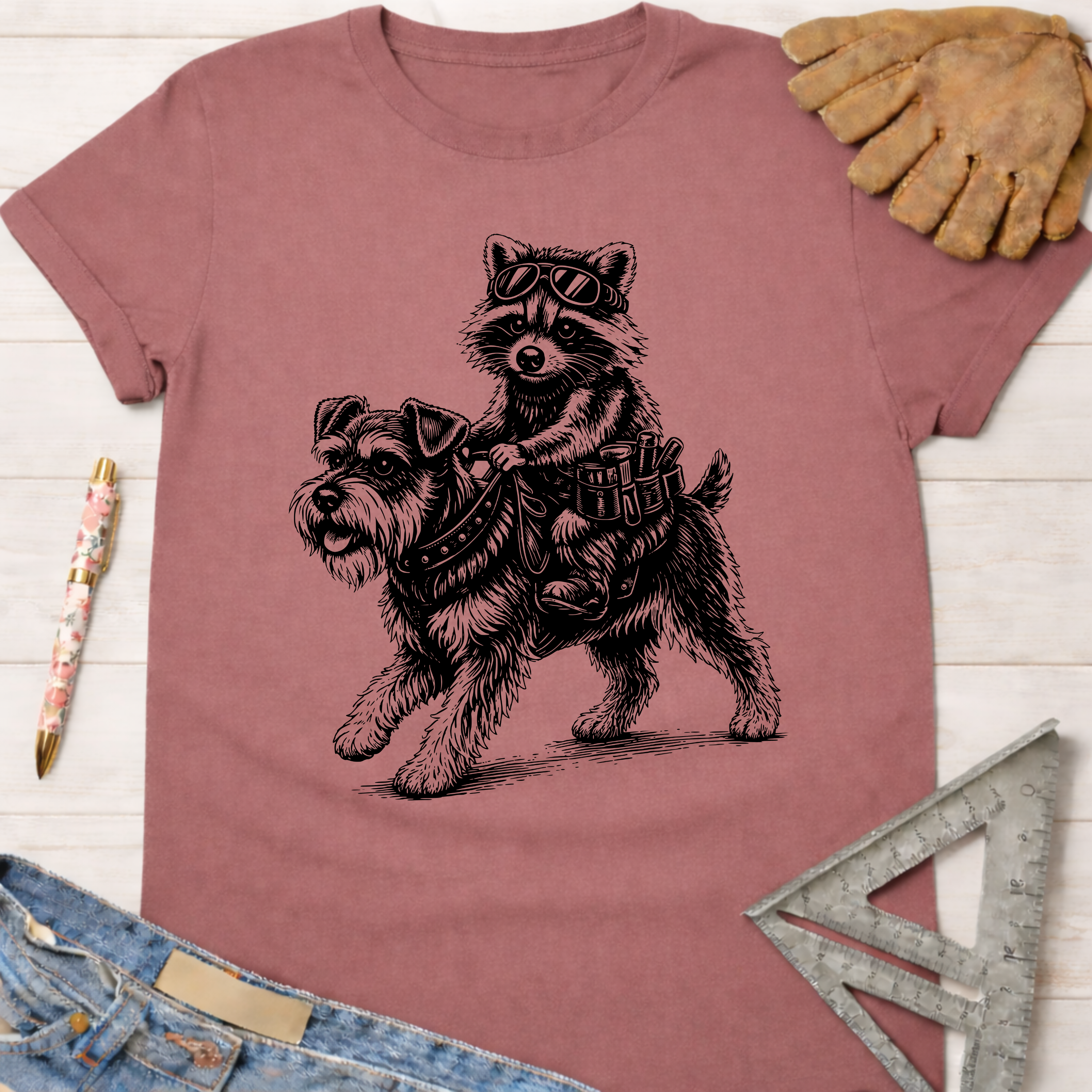 Women's funny woodworking graphic tee shirt for female woodworkers, makers, and DIY builders — Sawdust & Ponytails. Mauve t-shirt with a raccoon riding a schnauzer.