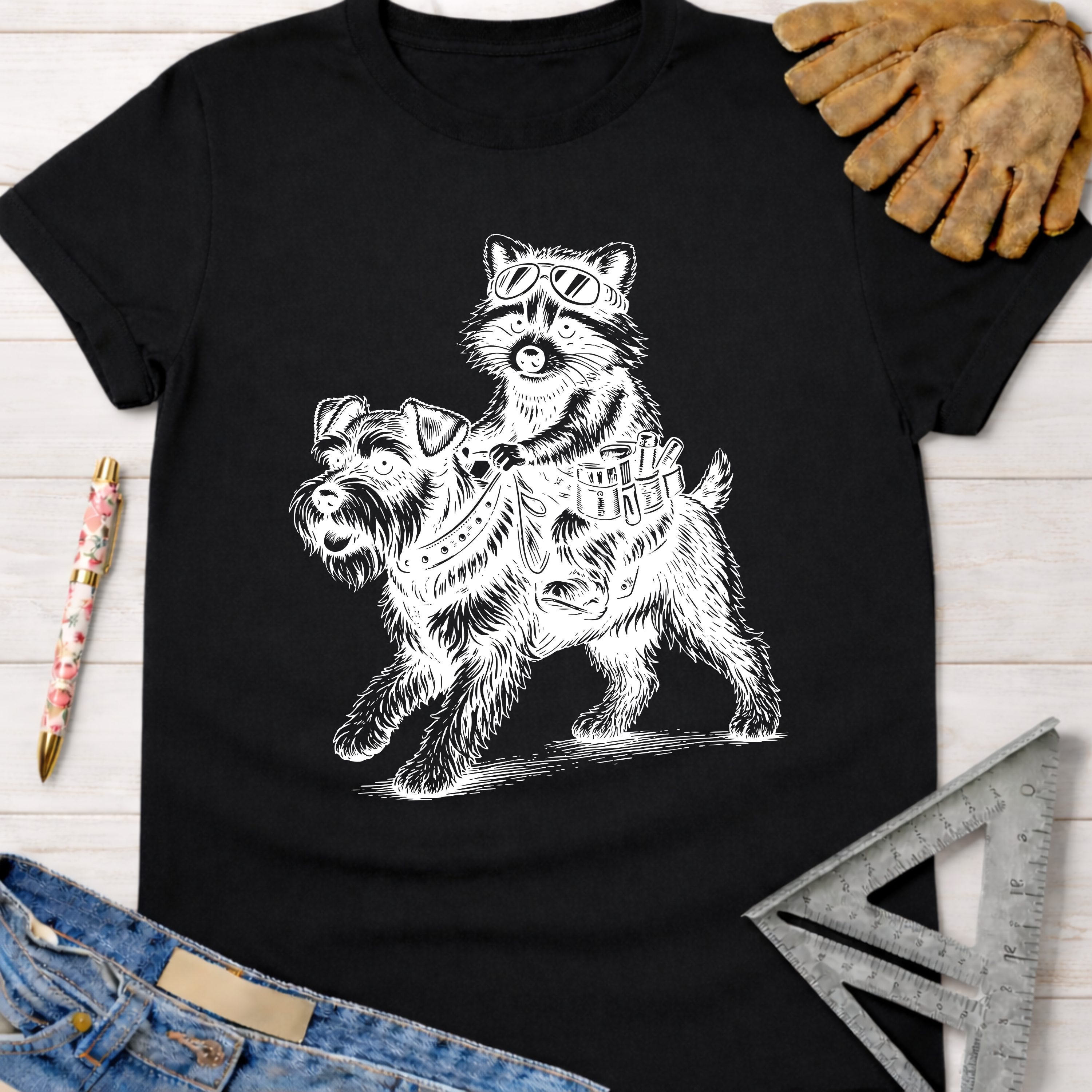 Black cotton tee with a white graphic of a raccoon riding a terrier. Women's funny woodworking graphic tee shirt for female woodworkers, makers, and DIY builders — Sawdust & Ponytails.