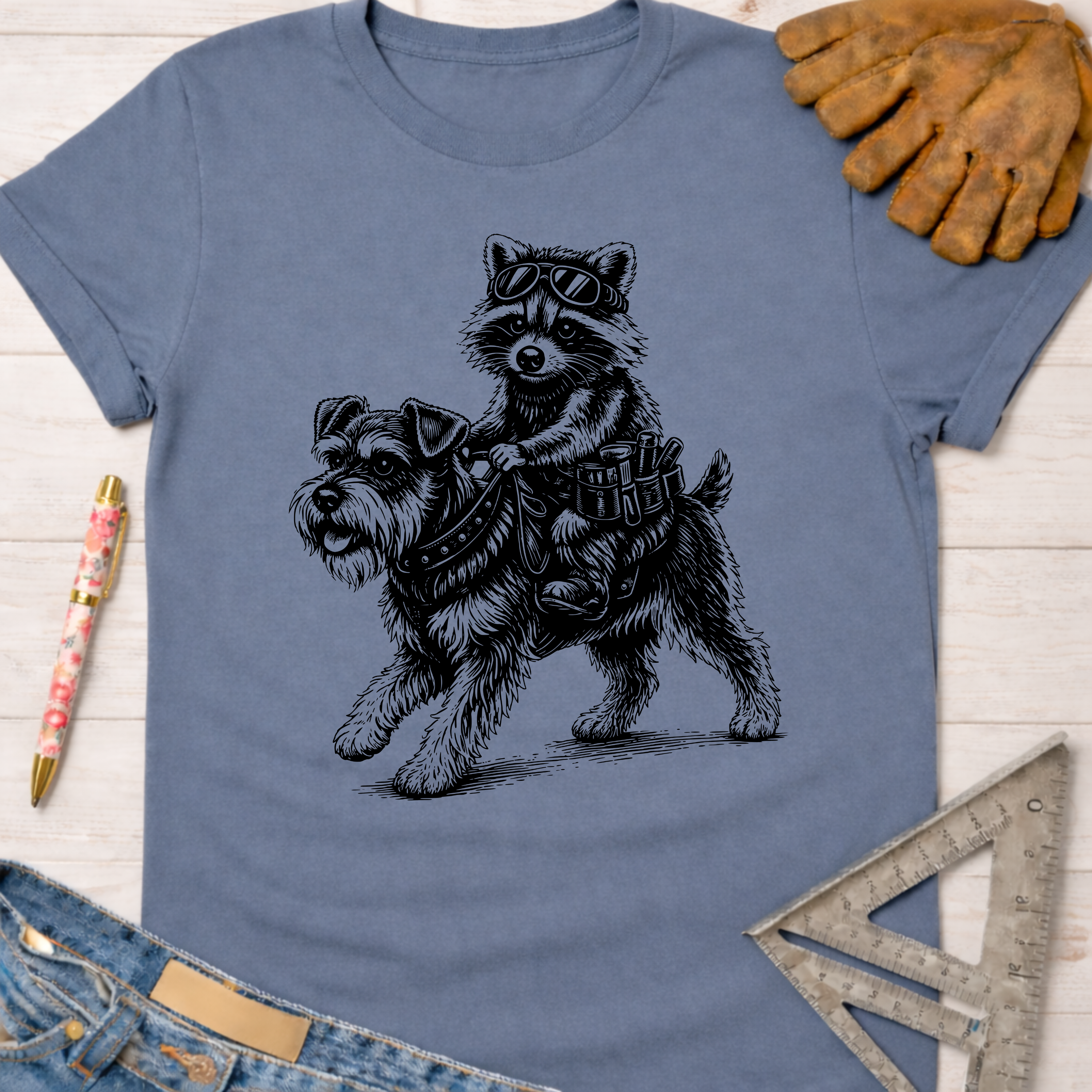 Women's funny woodworking graphic tee shirt for female woodworkers, makers, and DIY builders — Sawdust & Ponytails. Blue cotton tee with a raccoon riding a schnauzer graphic.