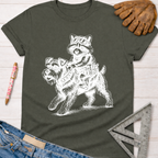 Women's funny woodworking graphic tee shirt for female woodworkers, makers, and DIY builders — Sawdust & Ponytails. Dark gray tee with a white graphic of a raccoon riding a schnauzer, both wearing goggles.