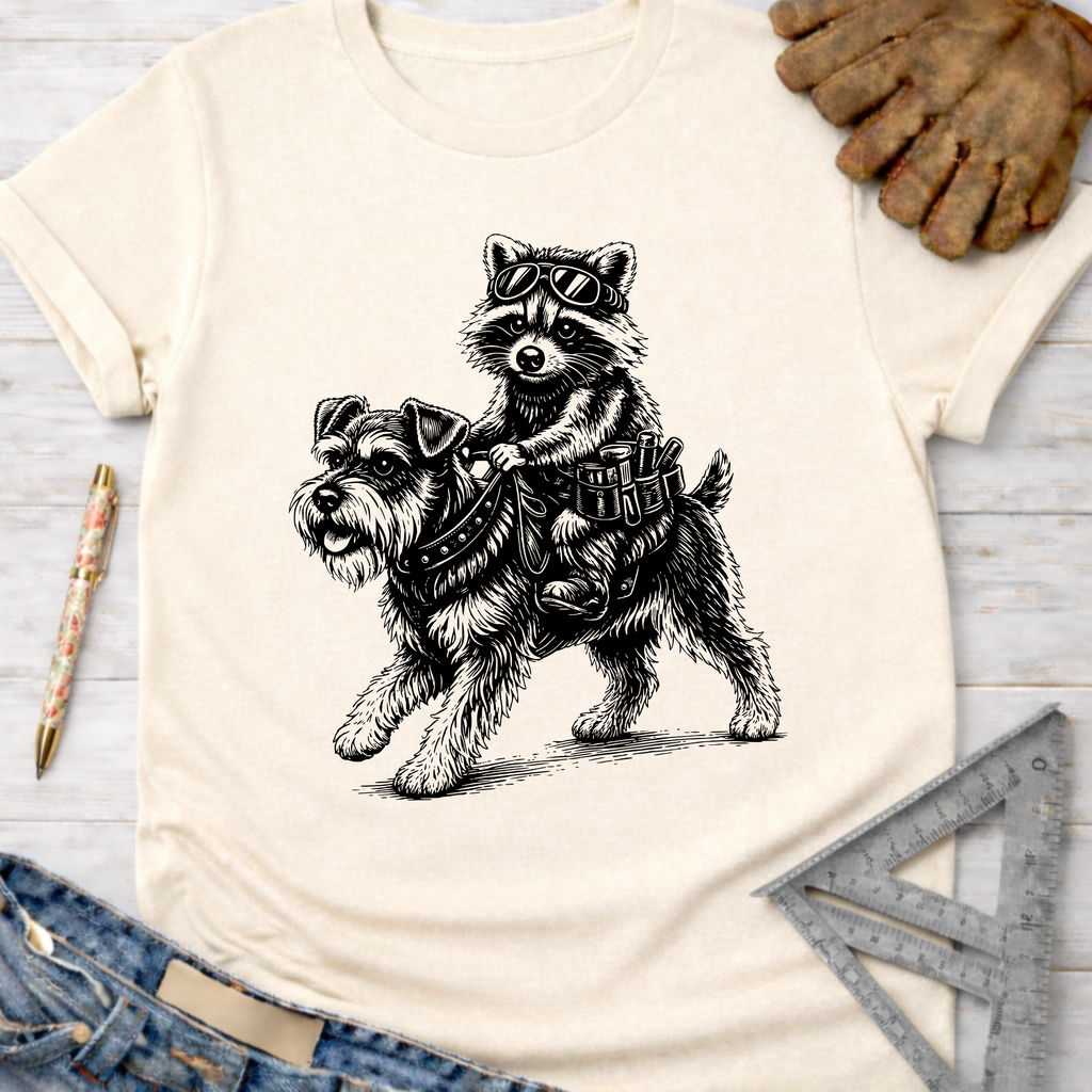 Women's funny woodworking graphic tee shirt for female woodworkers, makers, and DIY builders — Sawdust & Ponytails. Cream t-shirt with a black graphic of a raccoon riding a schnauzer.