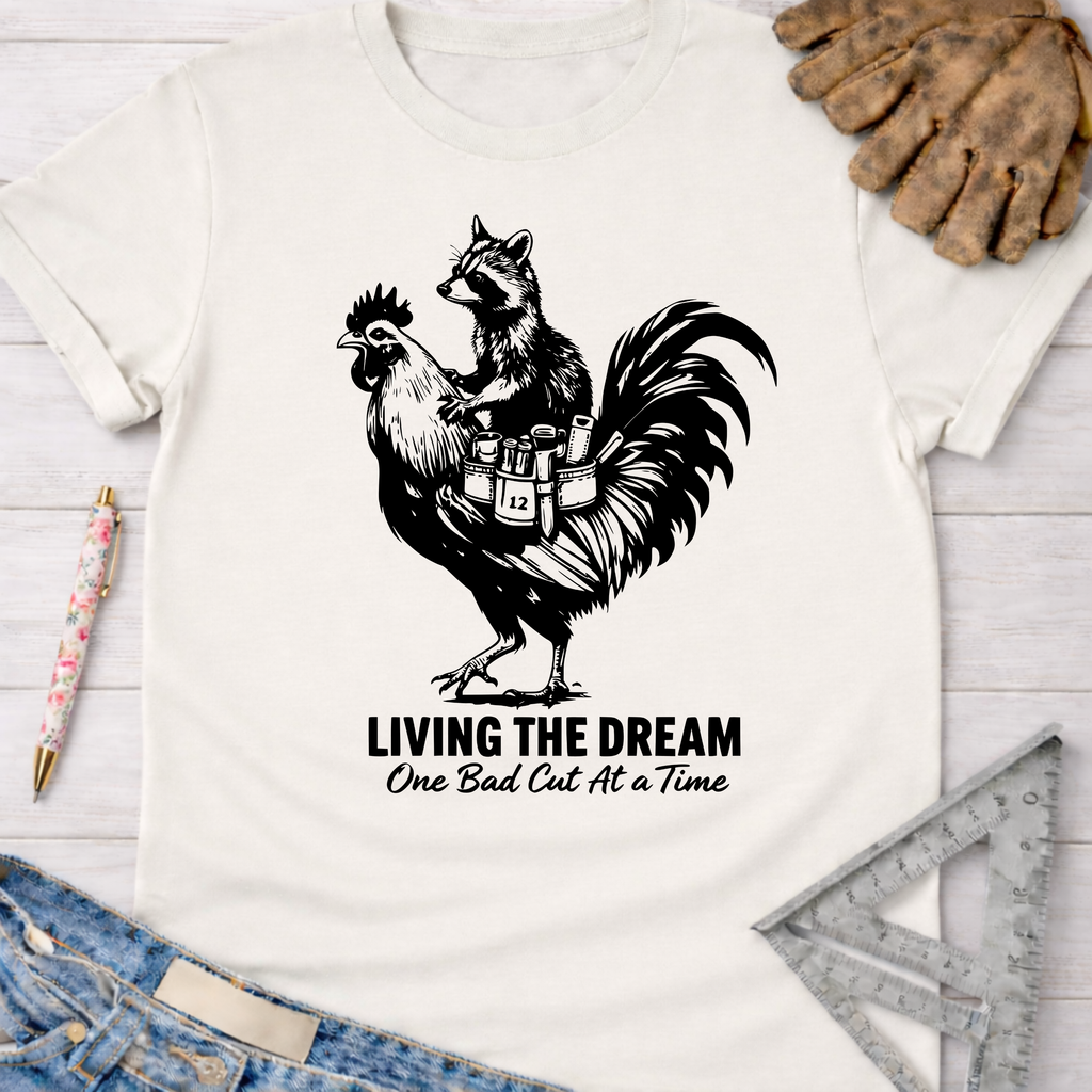 Women's funny woodworking graphic tee shirt for female woodworkers, makers, and DIY builders — Sawdust & Ponytails. White unisex t-shirt with a black graphic of a raccoon riding a rooster, text "LIVING THE DREAM One Bad Cut At a Time".