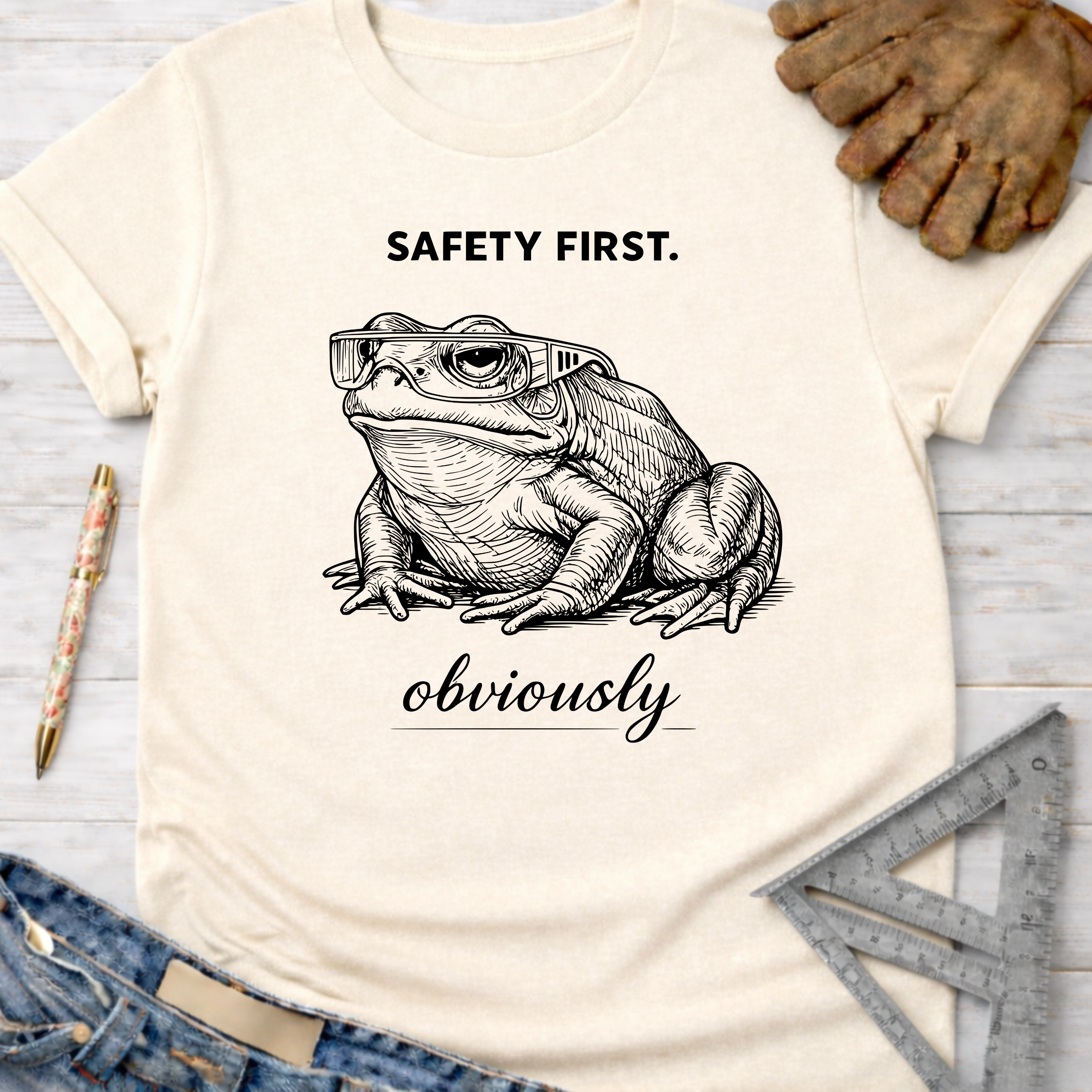Women's funny woodworking graphic tee shirt for female woodworkers, makers, and DIY builders — Sawdust & Ponytails. Cream t-shirt with a black line art frog wearing safety glasses and "SAFETY FIRST. obviously" text.