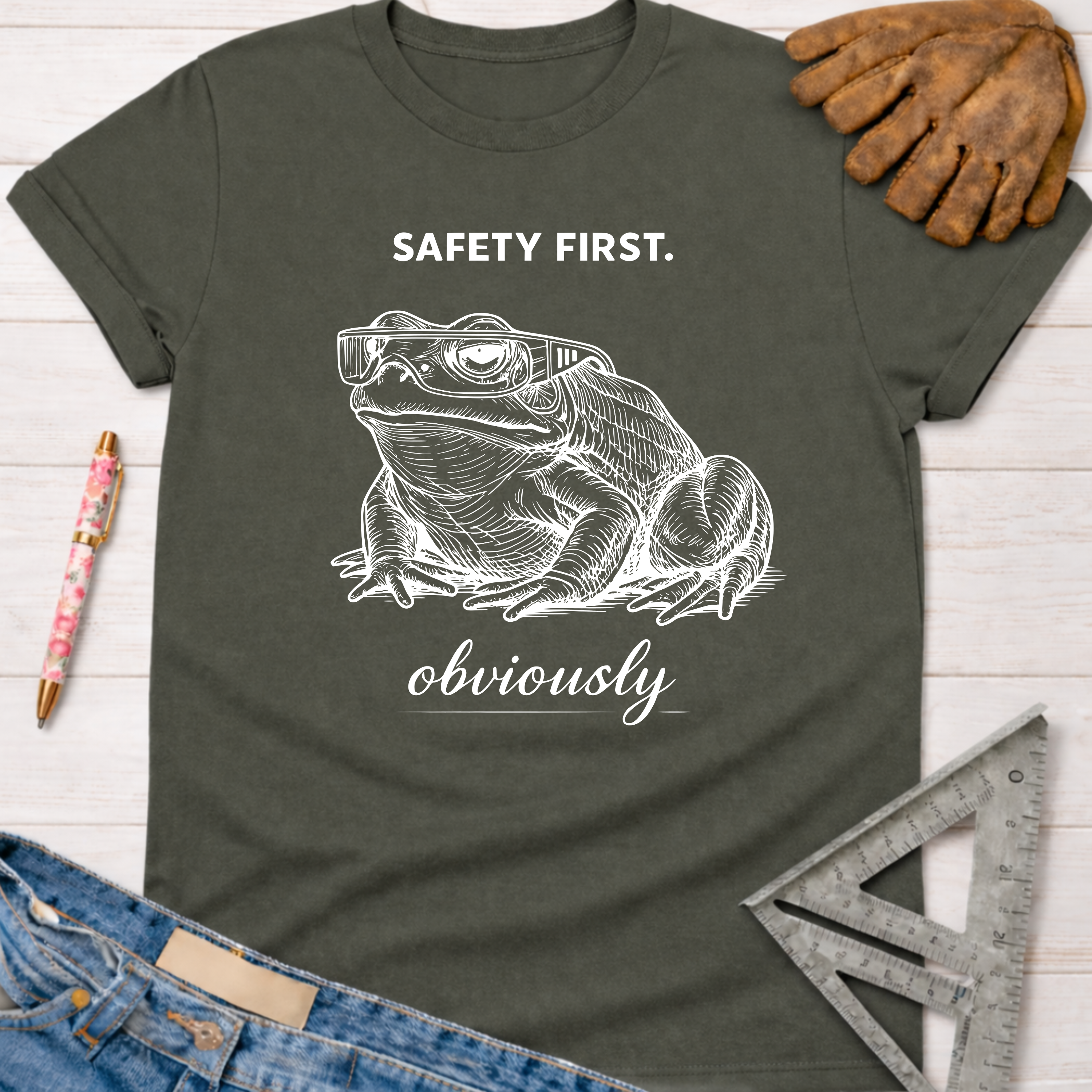 Women's funny woodworking graphic tee shirt for female woodworkers, makers, and DIY builders — Sawdust & Ponytails. Dark gray tee with a white frog wearing safety glasses, text "SAFETY FIRST. obviously".