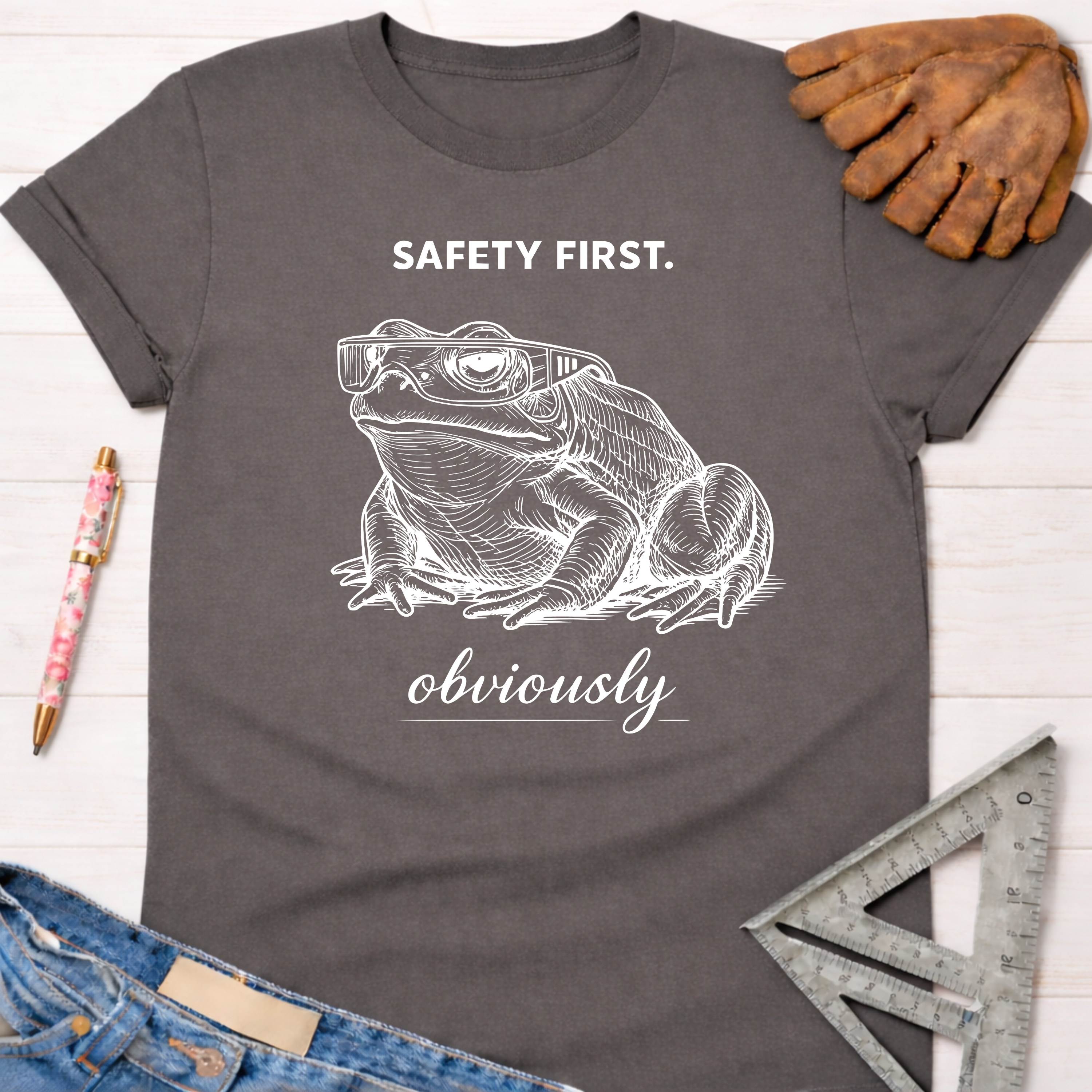 Women's funny woodworking graphic tee shirt for female woodworkers, makers, and DIY builders — Sawdust & Ponytails. Dark gray cotton tee with "SAFETY FIRST. obviously" text and a frog wearing safety glasses.
