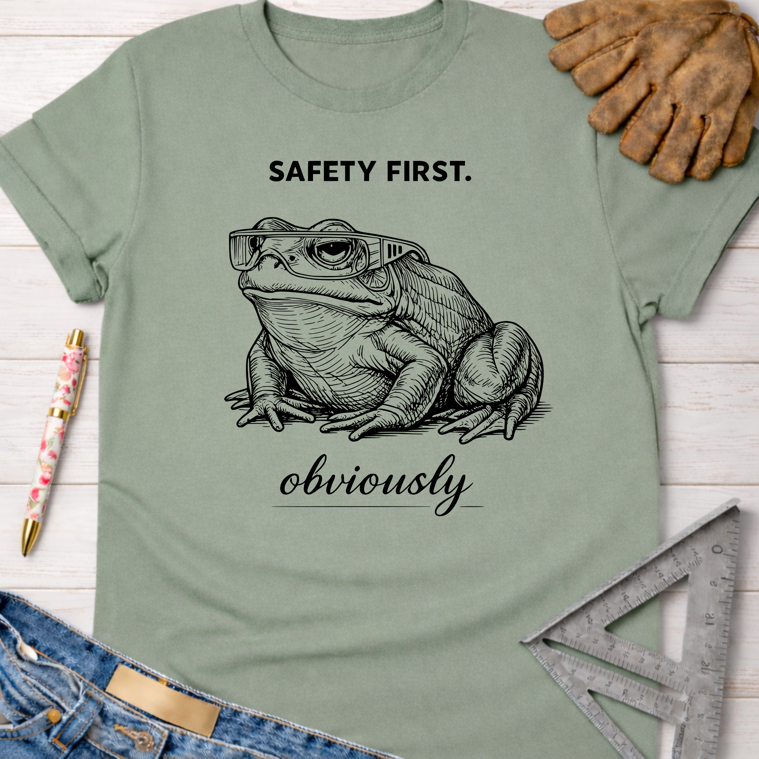 Women's funny woodworking graphic tee shirt for female woodworkers, makers, and DIY builders — Sawdust & Ponytails. Sage green t-shirt with "SAFETY FIRST. obviously" and a frog wearing safety glasses.