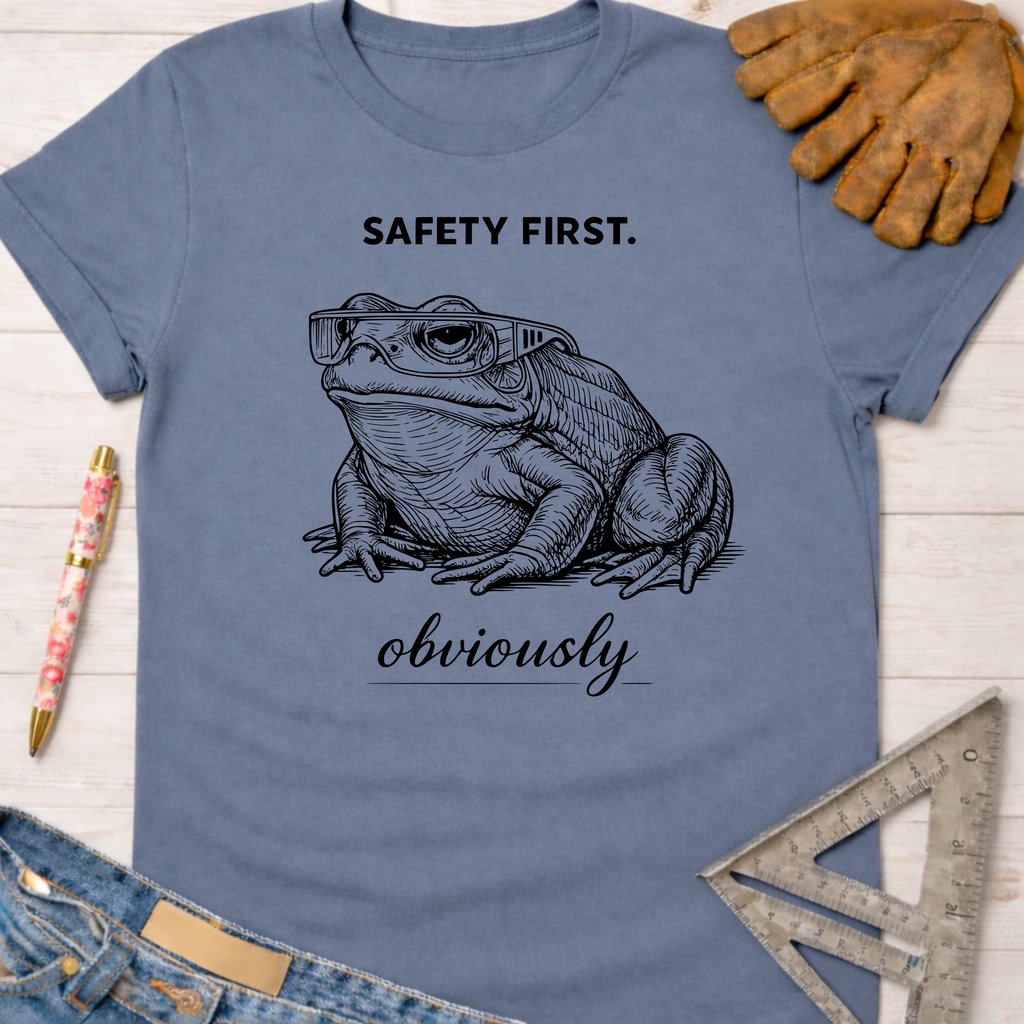 Women's funny woodworking graphic tee shirt for female woodworkers, makers, and DIY builders — Sawdust & Ponytails. Blue cotton tee with a frog wearing safety glasses and "Safety First. obviously" text.