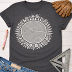 Women's funny woodworking graphic tee shirt for female woodworkers, makers, and DIY builders — Sawdust & Ponytails. Dark gray t-shirt with a white tree ring and nature graphic.