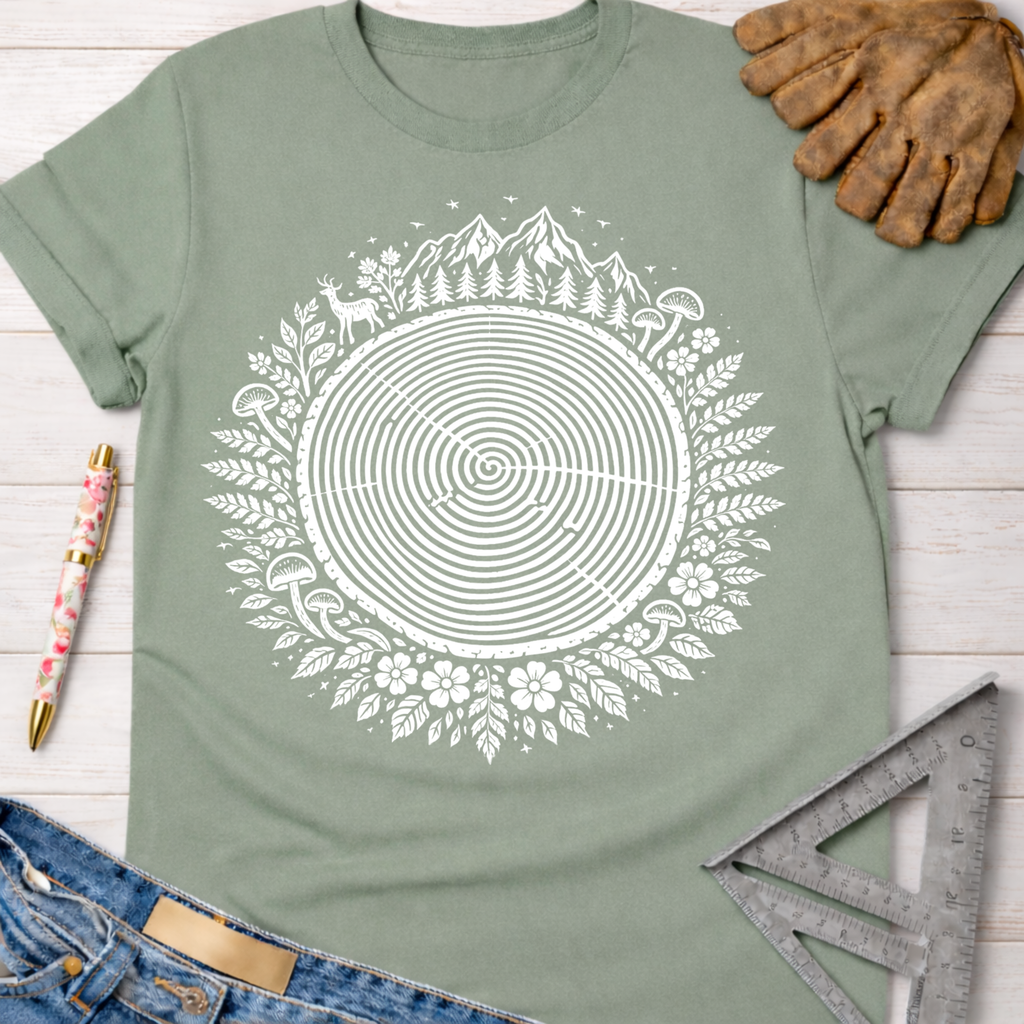 Women's funny woodworking graphic tee shirt for female woodworkers, makers, and DIY builders — Sawdust & Ponytails. Sage green cotton tee with white tree ring, deer, mountains, and floral design.