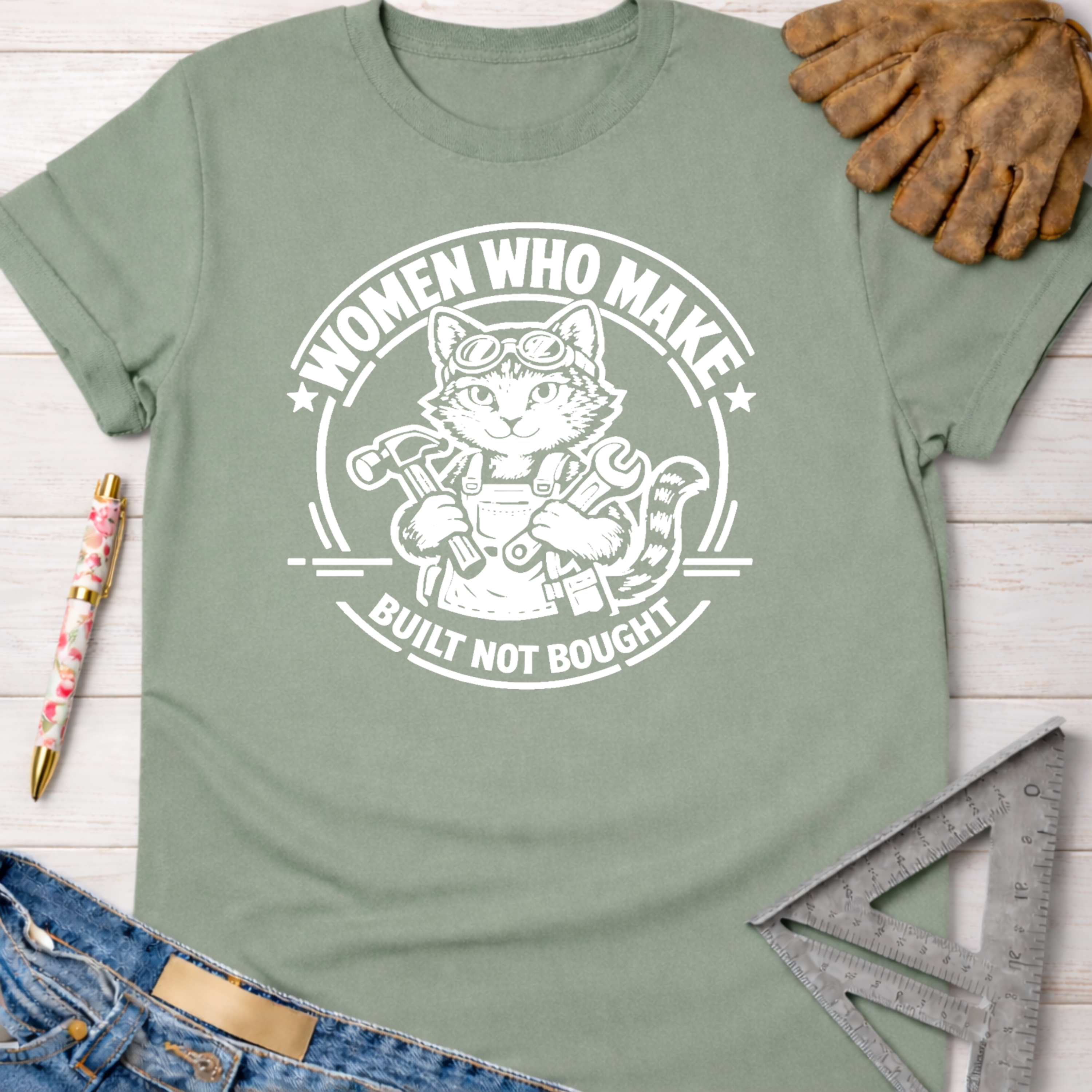 Women's funny woodworking graphic tee shirt for female woodworkers, makers, and DIY builders — Sawdust & Ponytails.