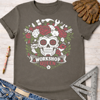 Charcoal grey t-shirt with a white and red floral skull, tools, and "Workshop Queen" graphic. Women's funny woodworking graphic tee shirt for female woodworkers, makers, and DIY builders — Sawdust & Ponytails