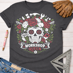 Charcoal gray women's funny woodworking graphic tee shirt for female woodworkers, makers, and DIY builders — Sawdust & Ponytails, featuring a floral skull design with tools and "Workshop Queen" text.